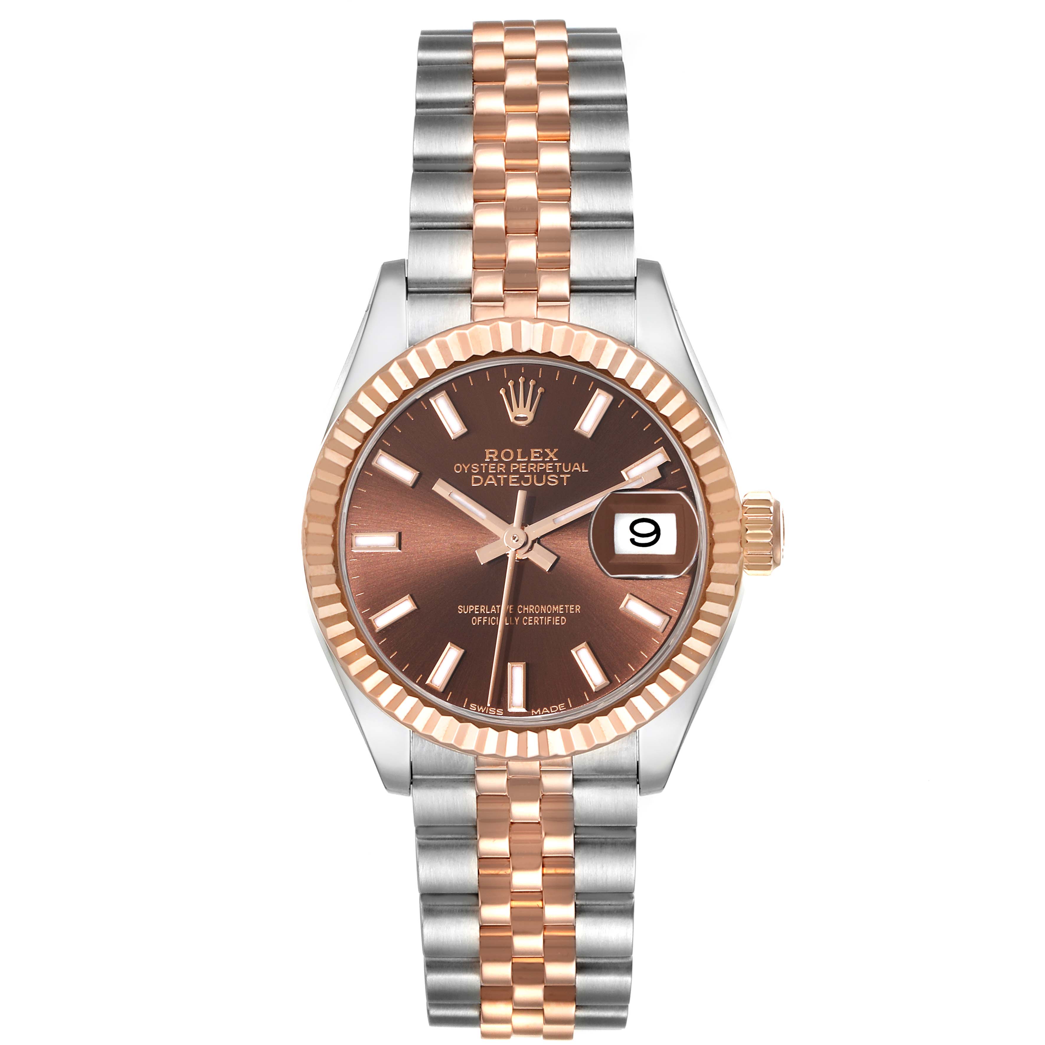 This image shows a Rolex Datejust 279171 Women's Steel and Gold (two tone) Brown Dial 279171 Women's Steel and Gold (two tone) Brown Dial watch face and bracelet from a front view.