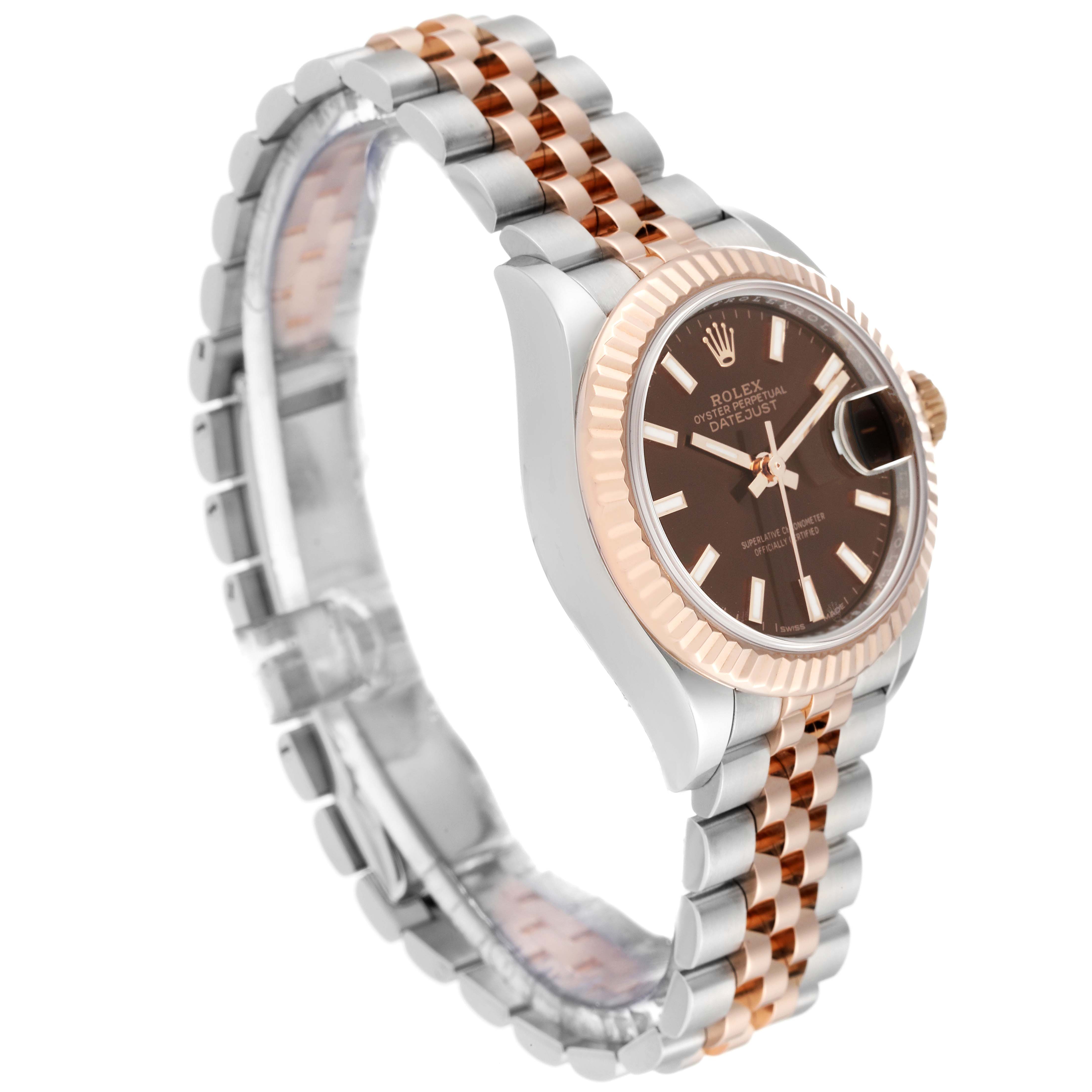 The Rolex Datejust 279171 Women's Steel and Gold (two tone) Brown Dial 279171 Women's Steel and Gold (two tone) Brown Dial watch is shown at a three-quarter angle, highlighting the face, bezel, and bracelet.