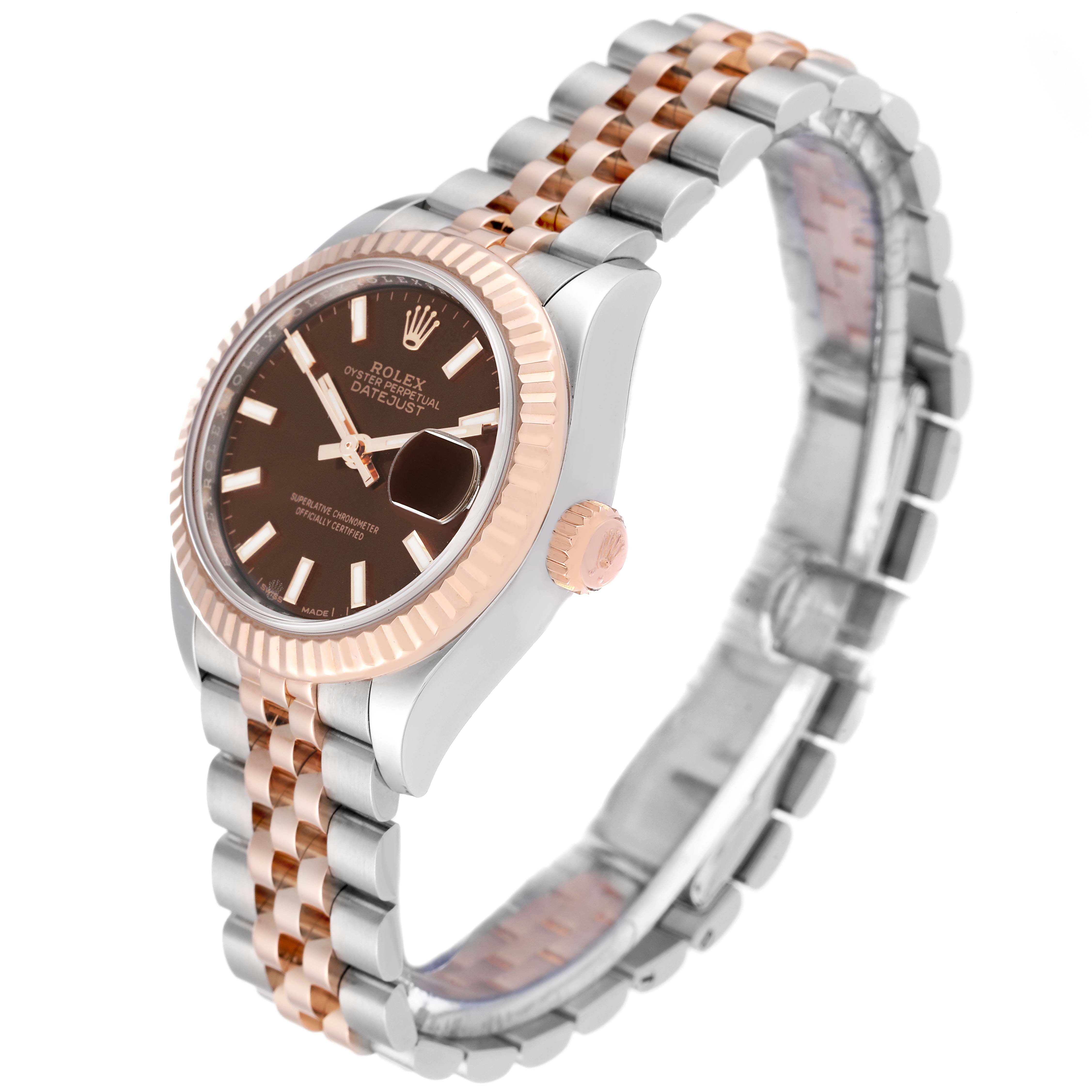 The image shows a side angle view of a Rolex Datejust 279171 Women's Steel and Gold (two tone) Brown Dial 279171 Women's Steel and Gold (two tone) Brown Dial watch, highlighting the bezel, dial, crown, and two-tone Jubilee bracelet.