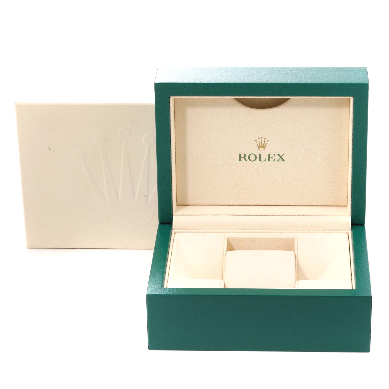 The image shows an open, empty green and beige Rolex watch box for the Datejust model, with the outer cardboard box in the background.
