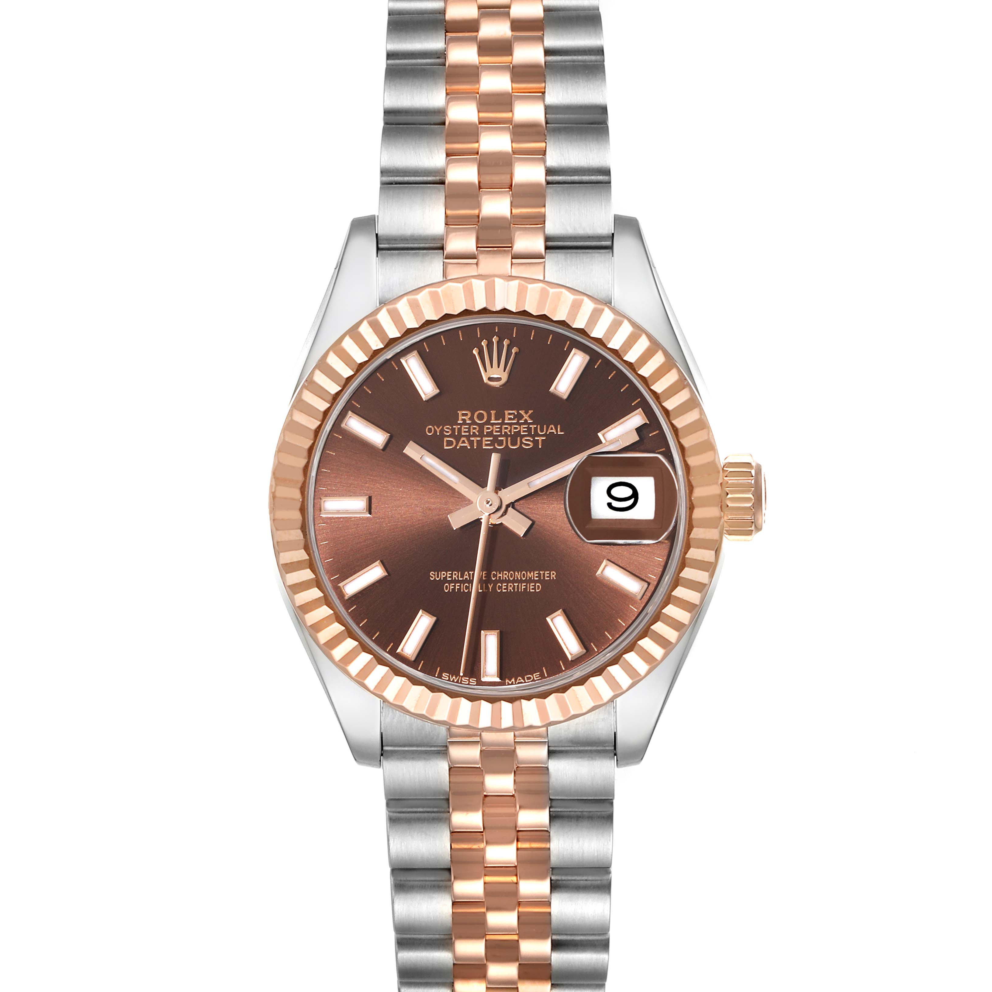 This image shows a Rolex Datejust 279171 Women's Steel and Gold (two tone) Brown Dial 279171 Women's Steel and Gold (two tone) Brown Dial watch from the front, highlighting its dial, bezel, hands, and two-tone bracelet.