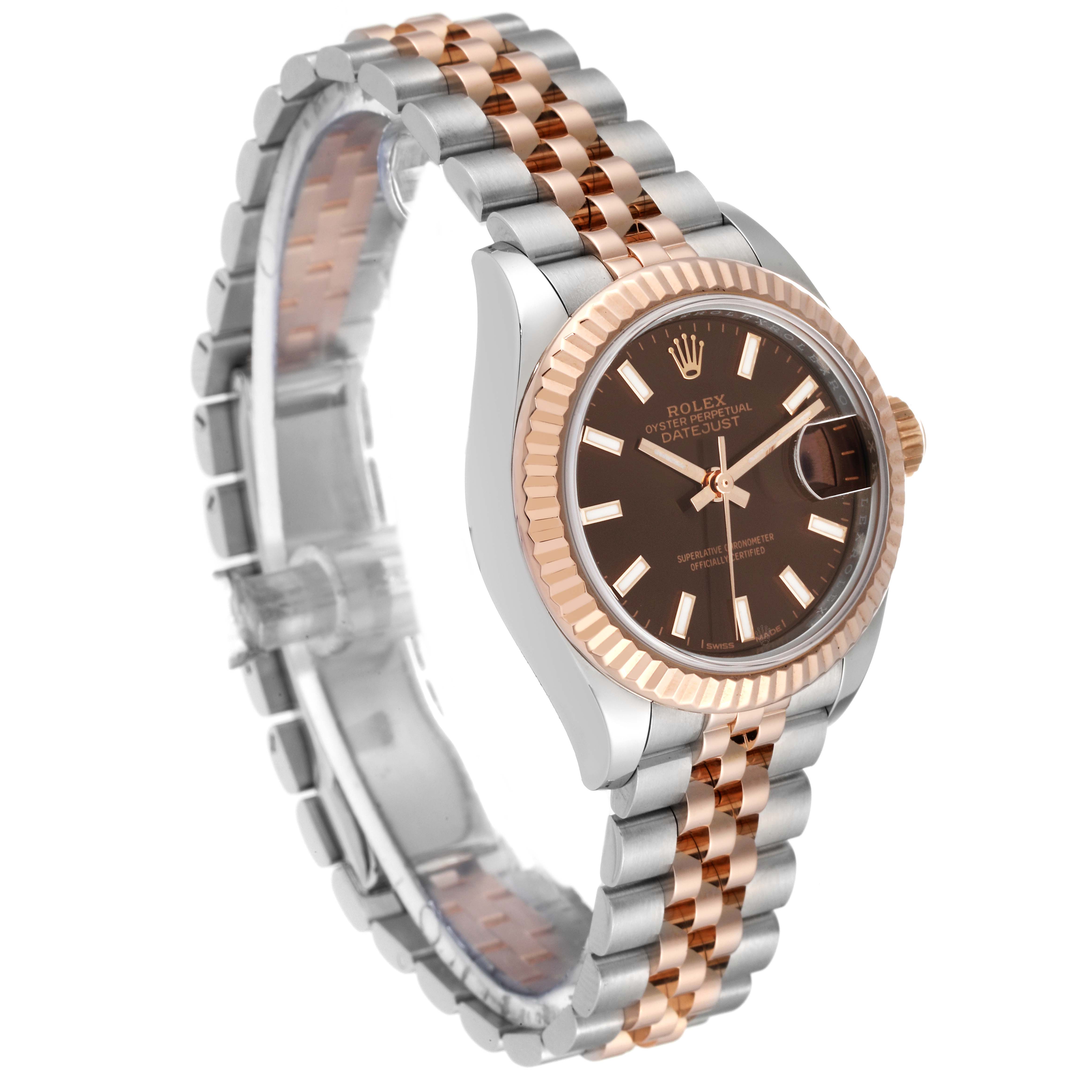 The Rolex Datejust 279171 Women's Steel and Gold (two tone) Brown Dial 279171 Women's Steel and Gold (two tone) Brown Dial watch is shown at an angle highlighting the case, bezel, dial, and two-tone bracelet.