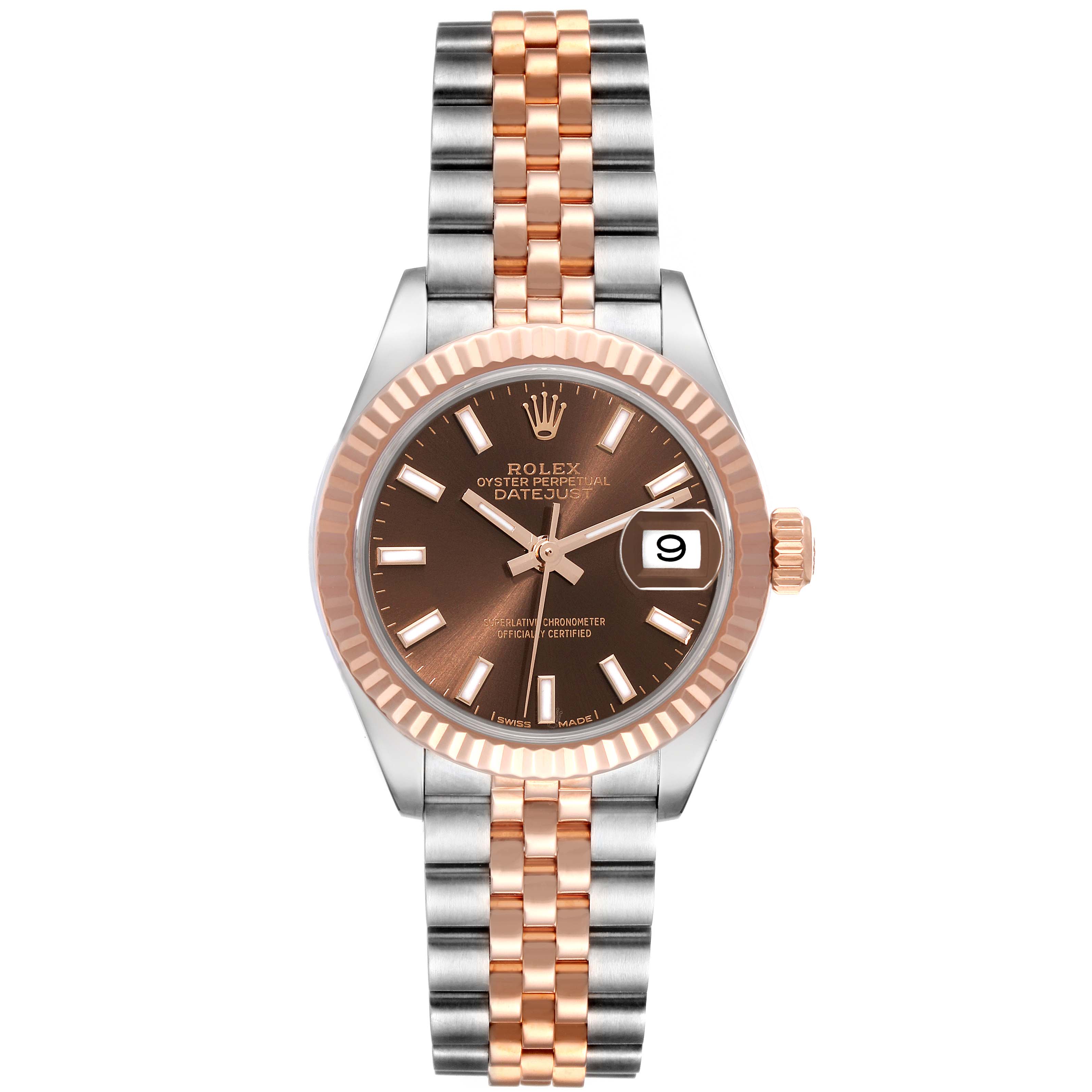 This image shows a front view of the Rolex Datejust 279171 Women's Steel and Gold (two tone) Brown Dial 279171 Women's Steel and Gold (two tone) Brown Dial watch, featuring the dial, bezel, and bracelet.