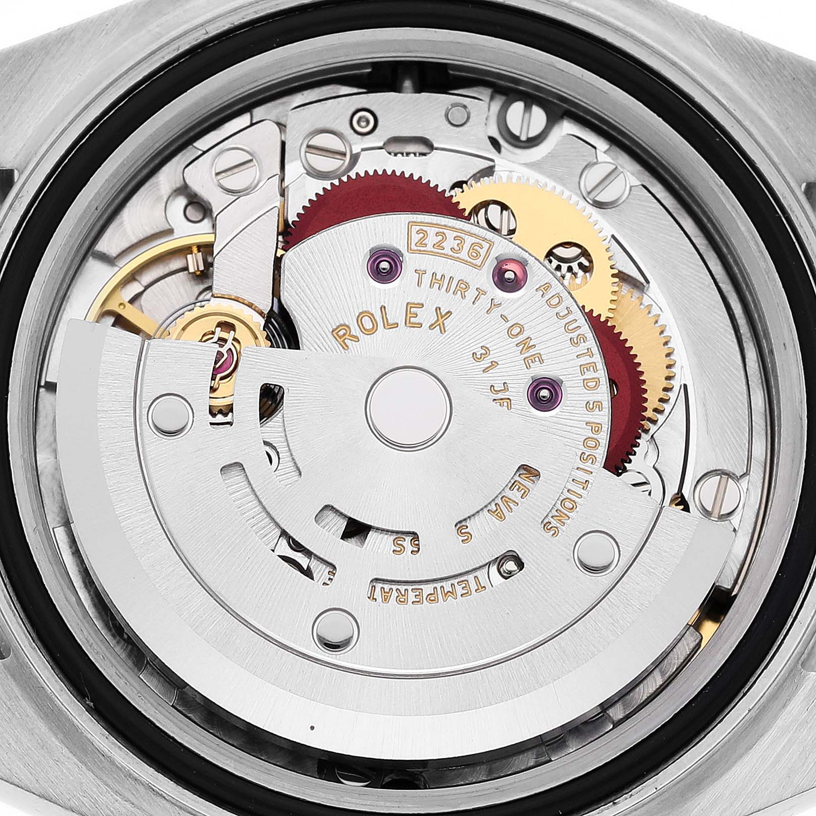 This image shows an up-close view of the Rolex Datejust 279171 Women's Steel and Gold (two tone) Brown Dial 279171 Women's Steel and Gold (two tone) Brown Dial watch's movement mechanism from the back.