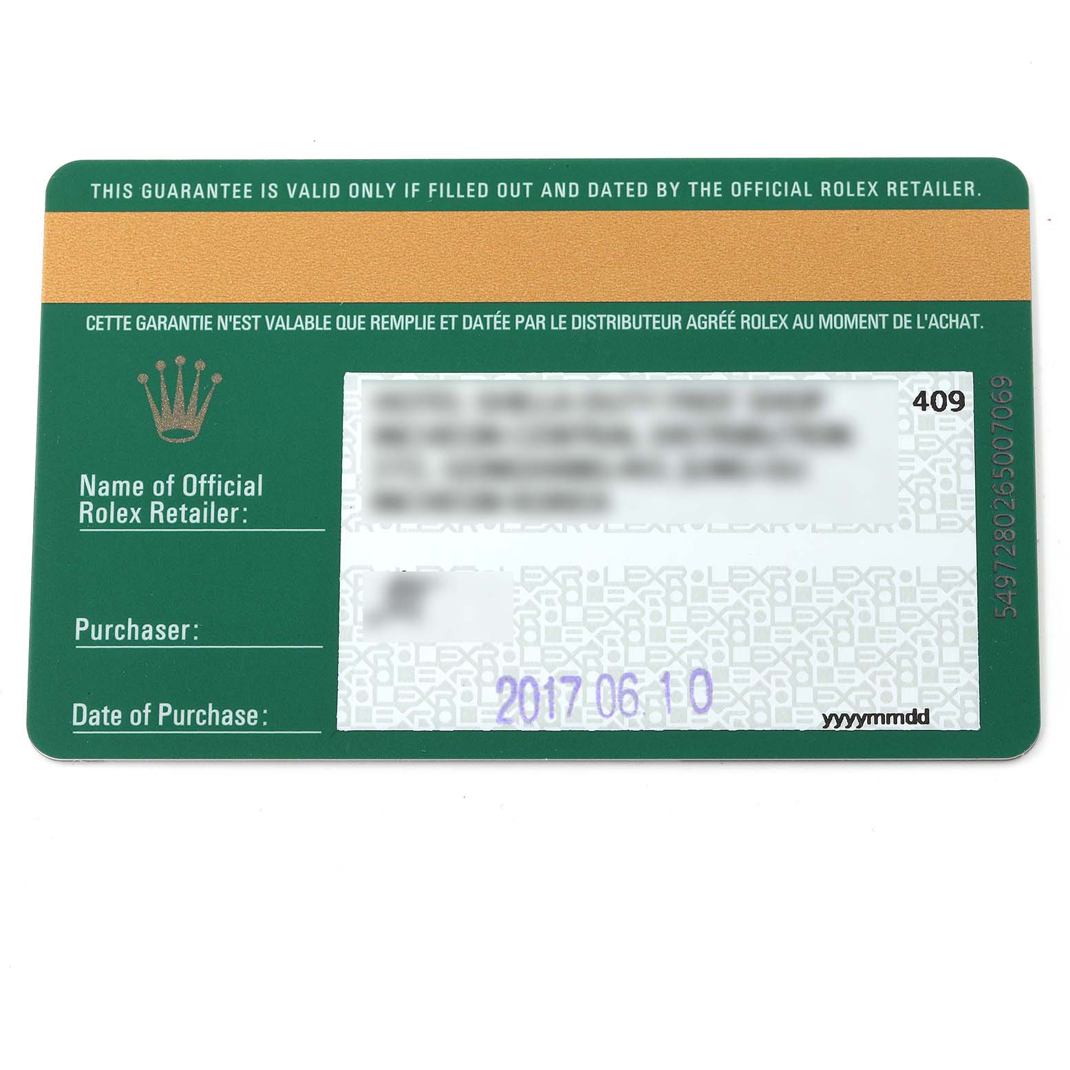 This image shows a warranty card for a Rolex Datejust 279171 Women's Steel and Gold (two tone) Brown Dial 279171 Women's Steel and Gold (two tone) Brown Dial watch, displaying retailer, purchaser, and purchase date information.