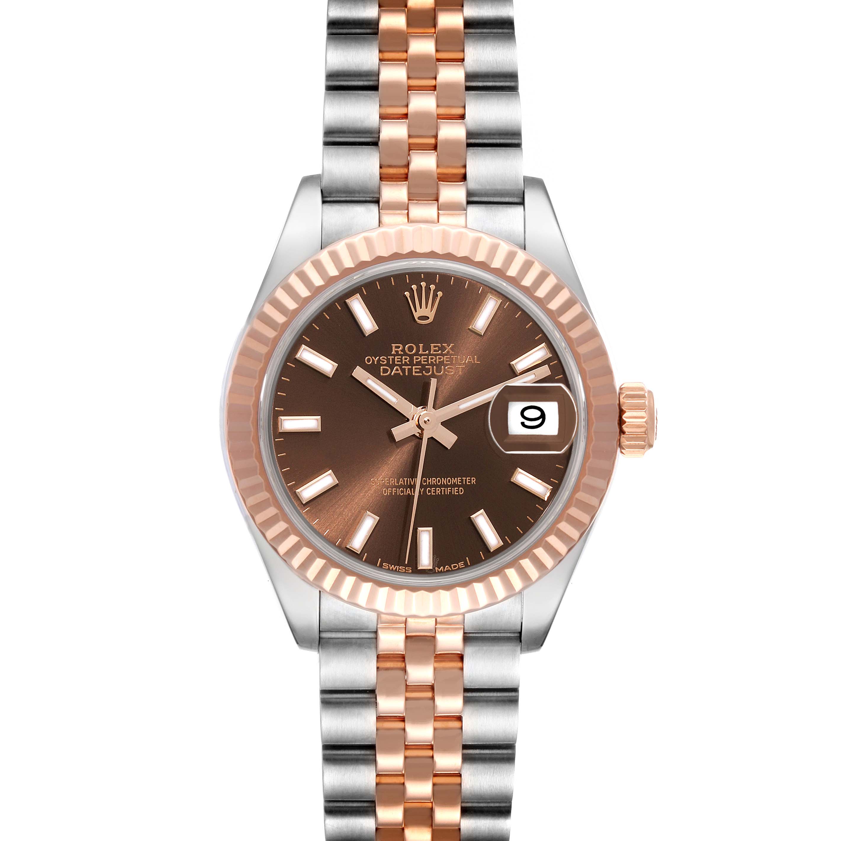 This Rolex Datejust 279171 Women's Steel and Gold (two tone) Brown Dial 279171 Women's Steel and Gold (two tone) Brown Dial model is shown from a straight top-down angle, displaying the watch face, bezel, and two-tone bracelet.