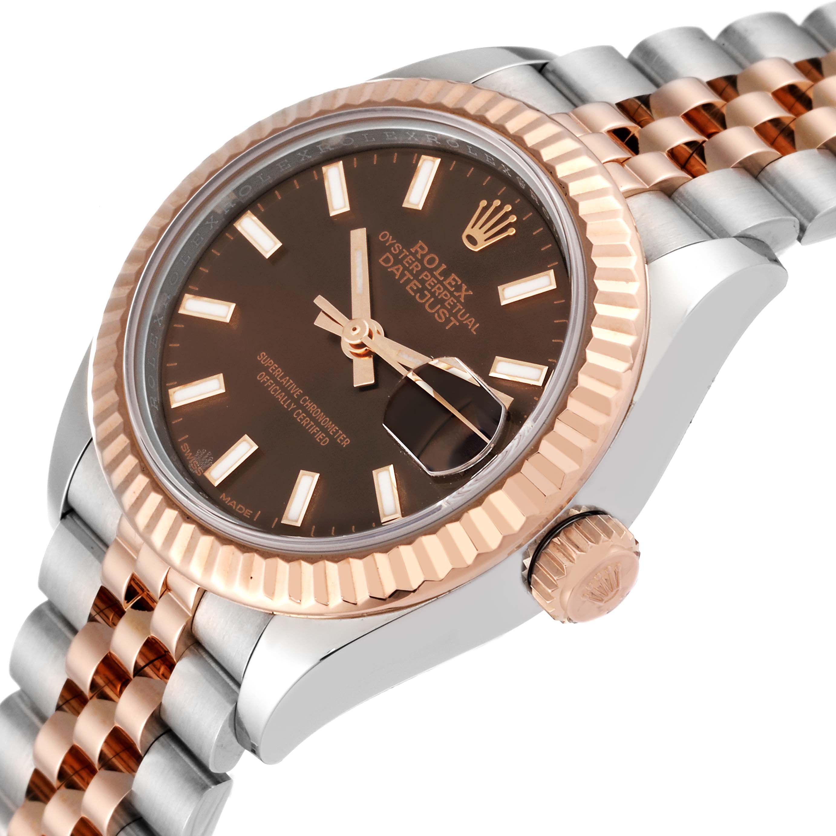 This image shows a side angle of the Rolex Datejust 279171 Women's Steel and Gold (two tone) Brown Dial 279171 Women's Steel and Gold (two tone) Brown Dial, highlighting its face, bezel, crown, and bracelet.