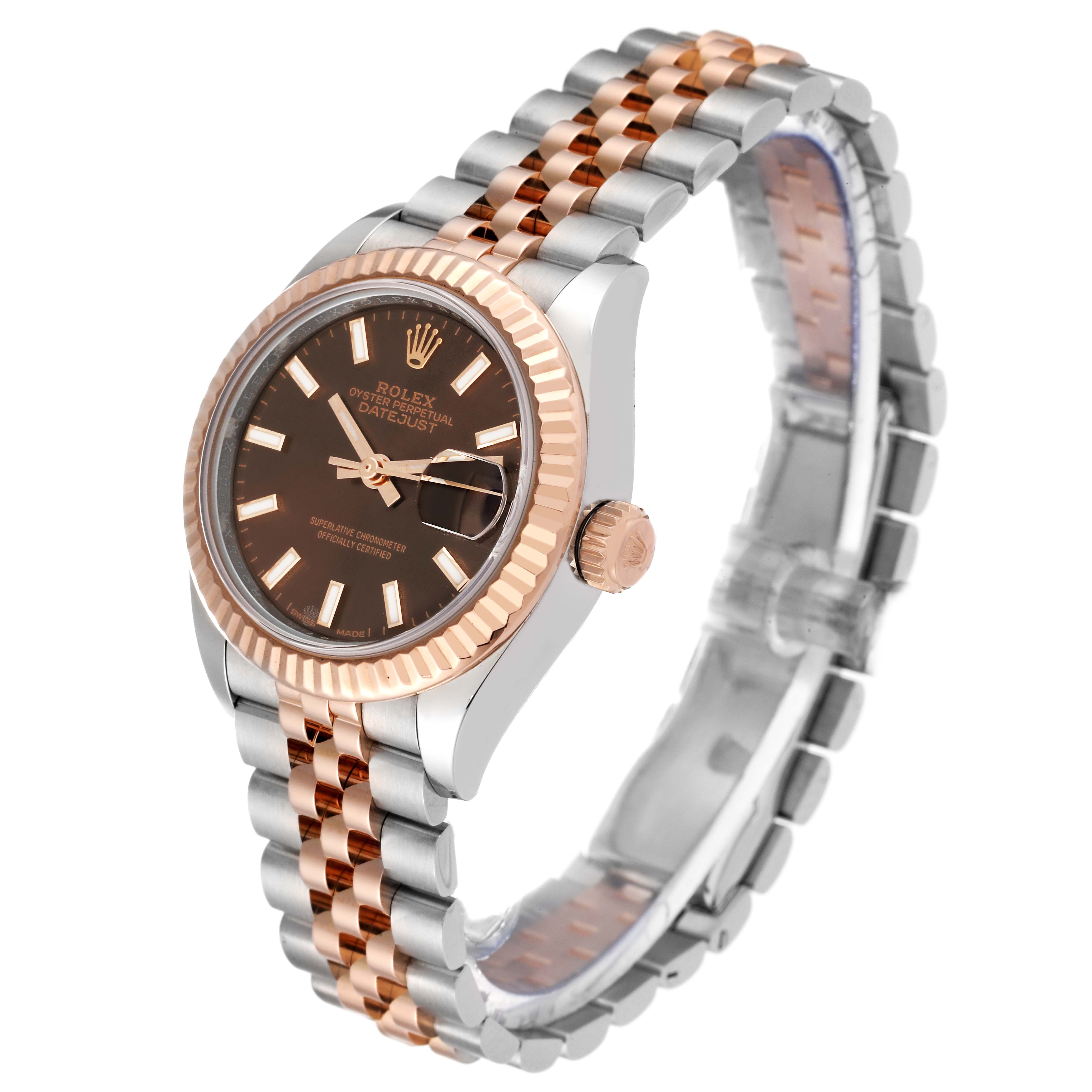 The image shows a side-angle view of the Rolex Datejust 279171 Women's Steel and Gold (two tone) Brown Dial 279171 Women's Steel and Gold (two tone) Brown Dial watch highlighting its dial, bezel, crown, and jubilee bracelet.