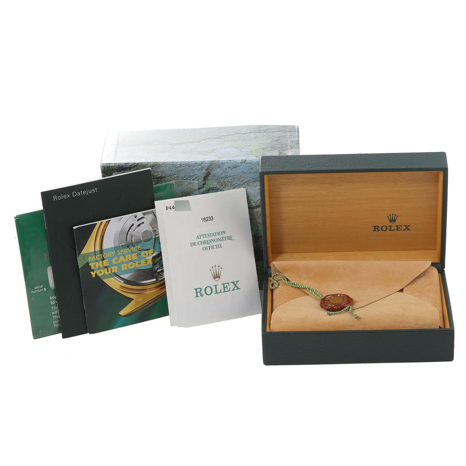 The image shows packaging and documentation for a Rolex Datejust 16233 Men's Steel and Gold (two tone) Silver Dial 16233 Men's Steel and Gold (two tone) Silver Dial, including box, manuals, and certificate.