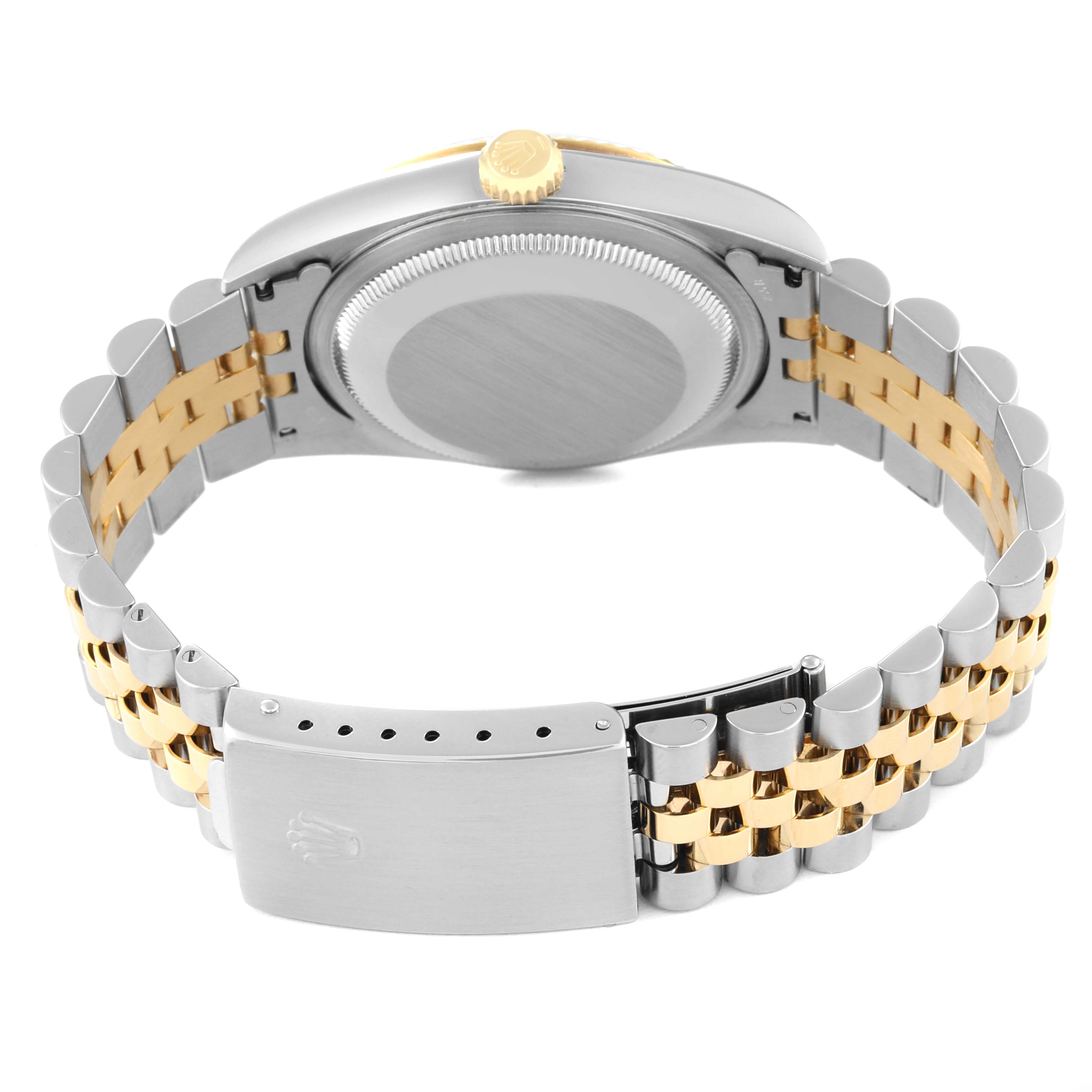 This image shows the back view of the Rolex Datejust 16233 Men's Steel and Gold (two tone) Silver Dial 16233 Men's Steel and Gold (two tone) Silver Dial watch with a two-tone bracelet and clasp.