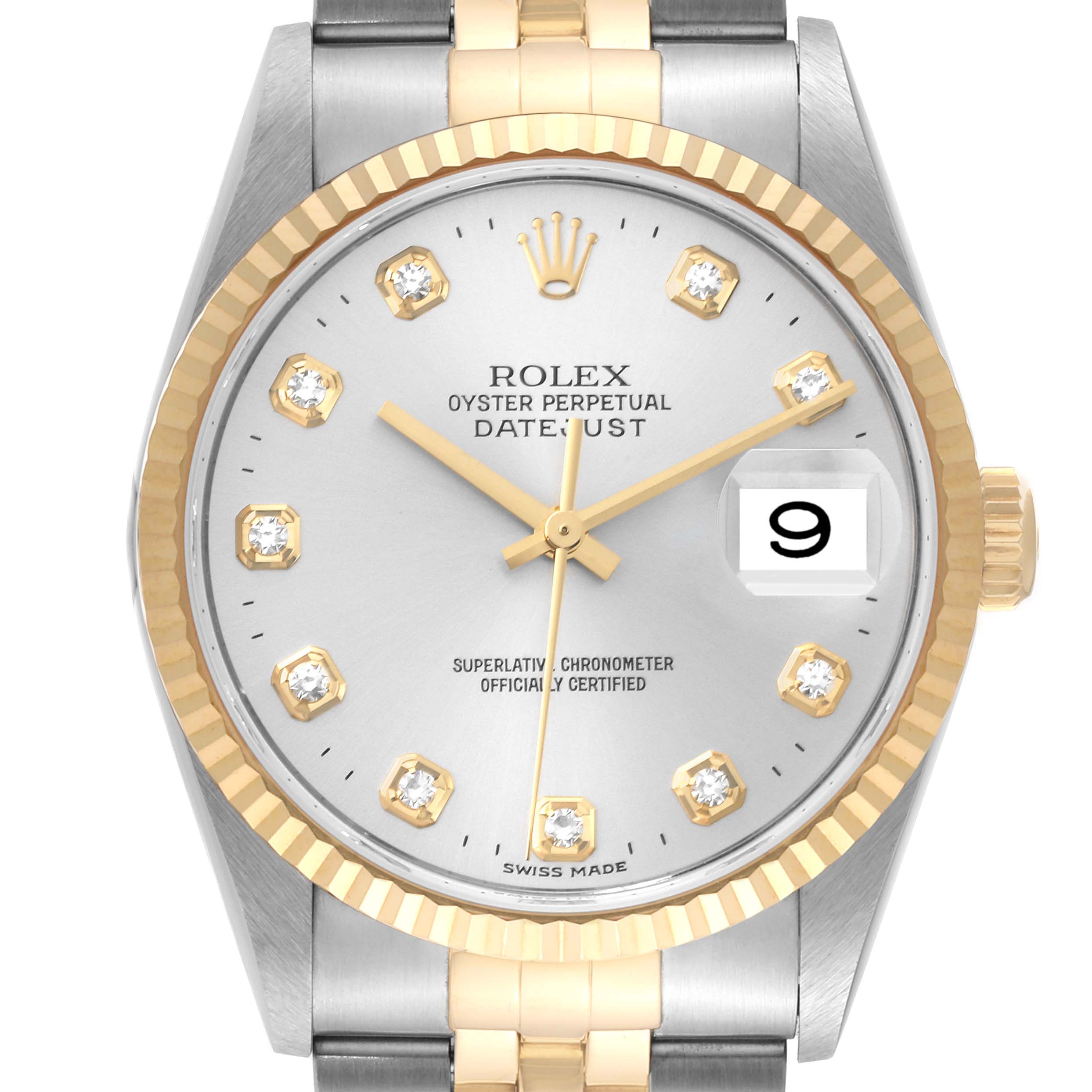The image shows a Rolex Datejust 16233 Men's Steel and Gold (two tone) Silver Dial 16233 Men's Steel and Gold (two tone) Silver Dial watch viewed from the front, displaying the dial, bezel, and part of the bracelet.