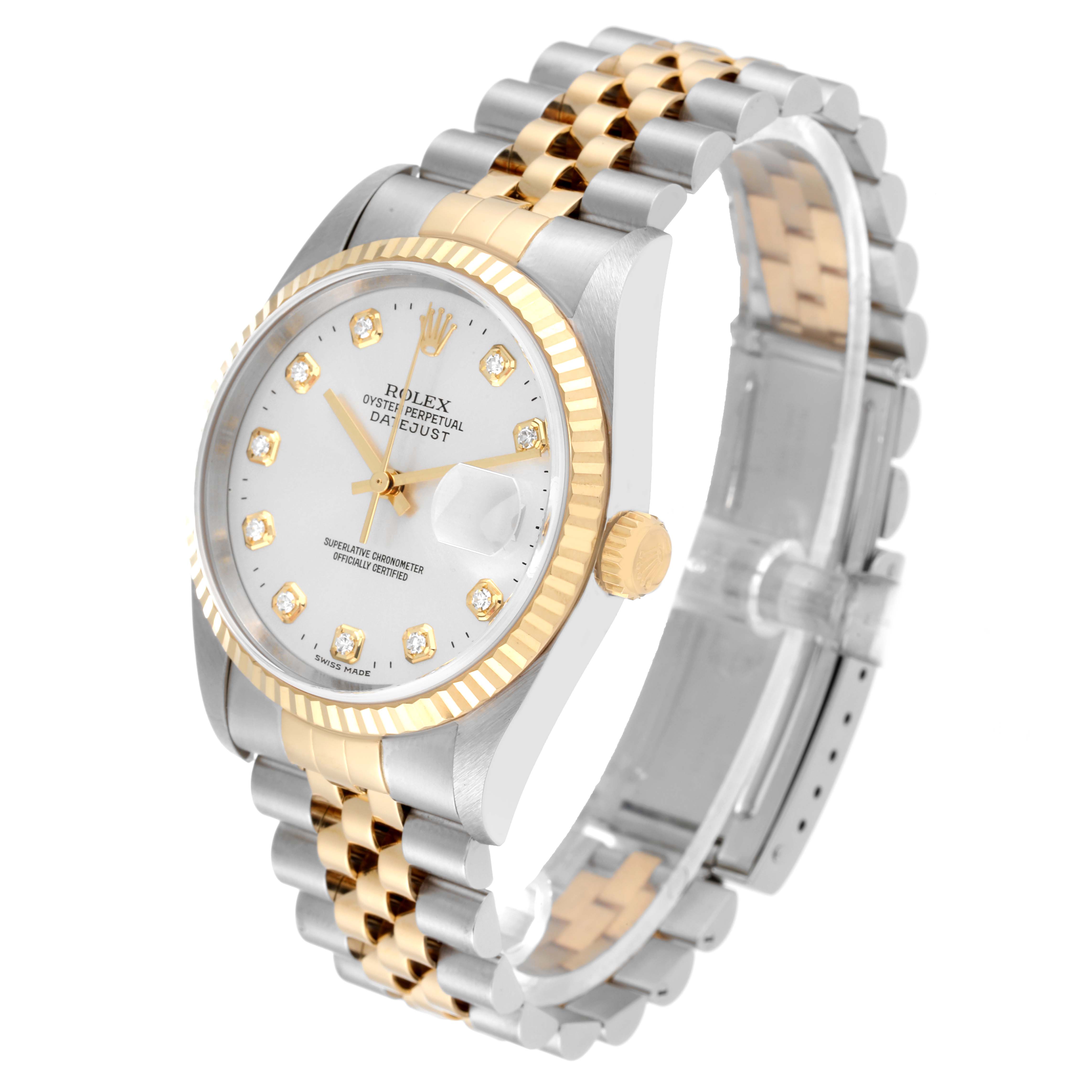 The image shows a Rolex Datejust 16233 Men's Steel and Gold (two tone) Silver Dial 16233 Men's Steel and Gold (two tone) Silver Dial watch at a three-quarter angle, highlighting its two-tone bracelet, fluted bezel, and diamond markers.