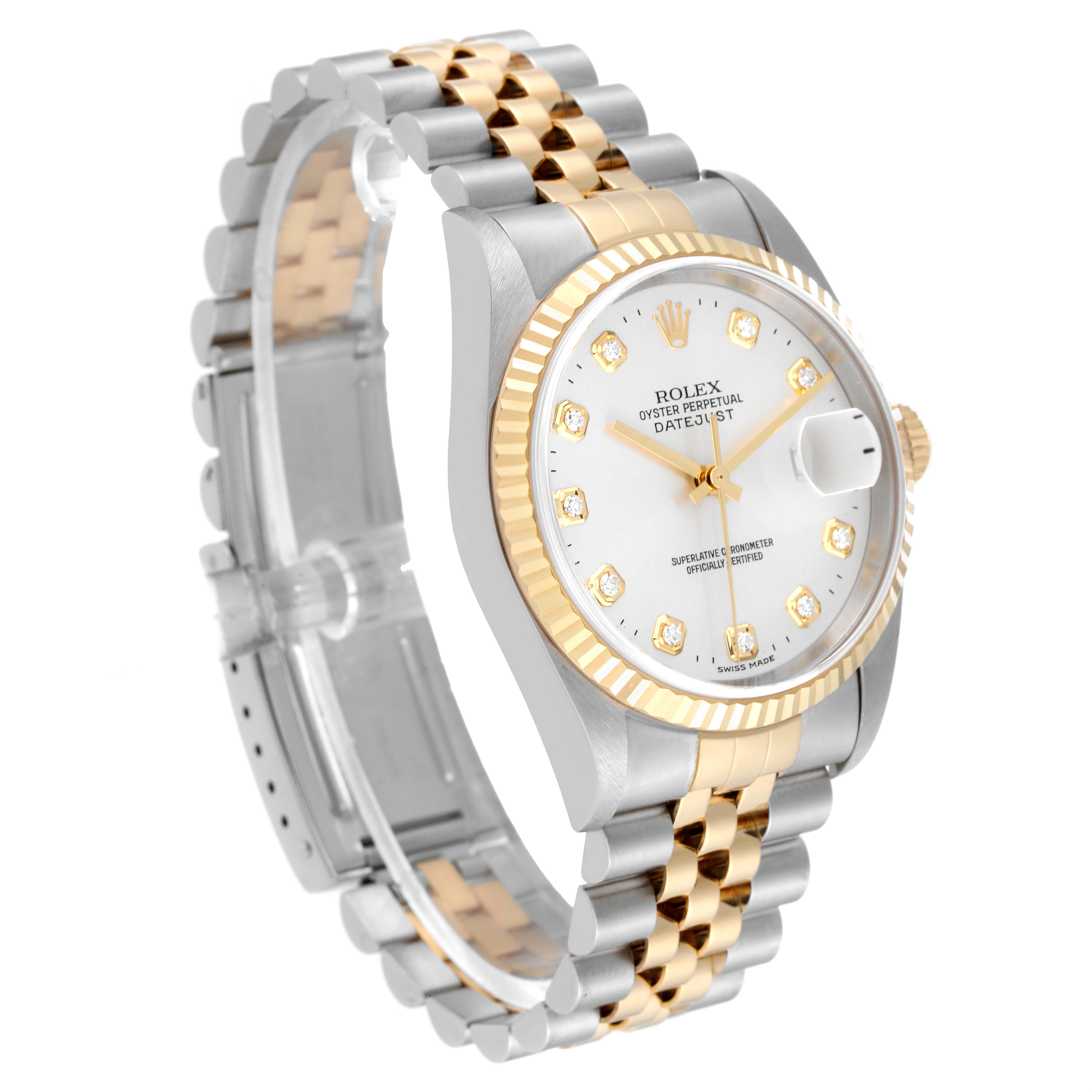 The Rolex Datejust 16233 Men's Steel and Gold (two tone) Silver Dial 16233 Men's Steel and Gold (two tone) Silver Dial watch is shown at a three-quarter angle, displaying the face, bezel, crown, and Jubilee bracelet.