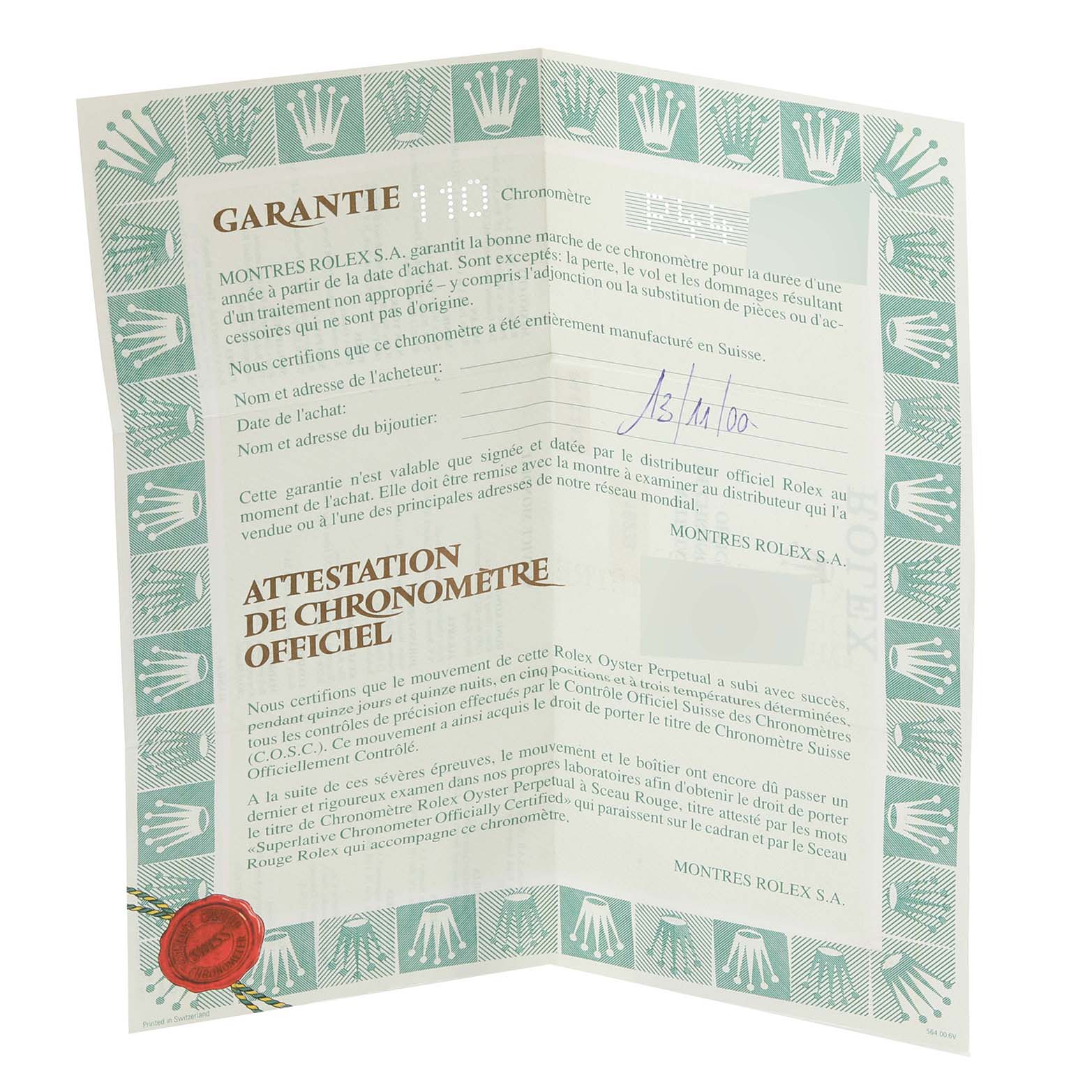 This image shows the warranty document for a Rolex Datejust 16233 Men's Steel and Gold (two tone) Silver Dial 16233 Men's Steel and Gold (two tone) Silver Dial watch, featuring official branding and a sealed stamp.