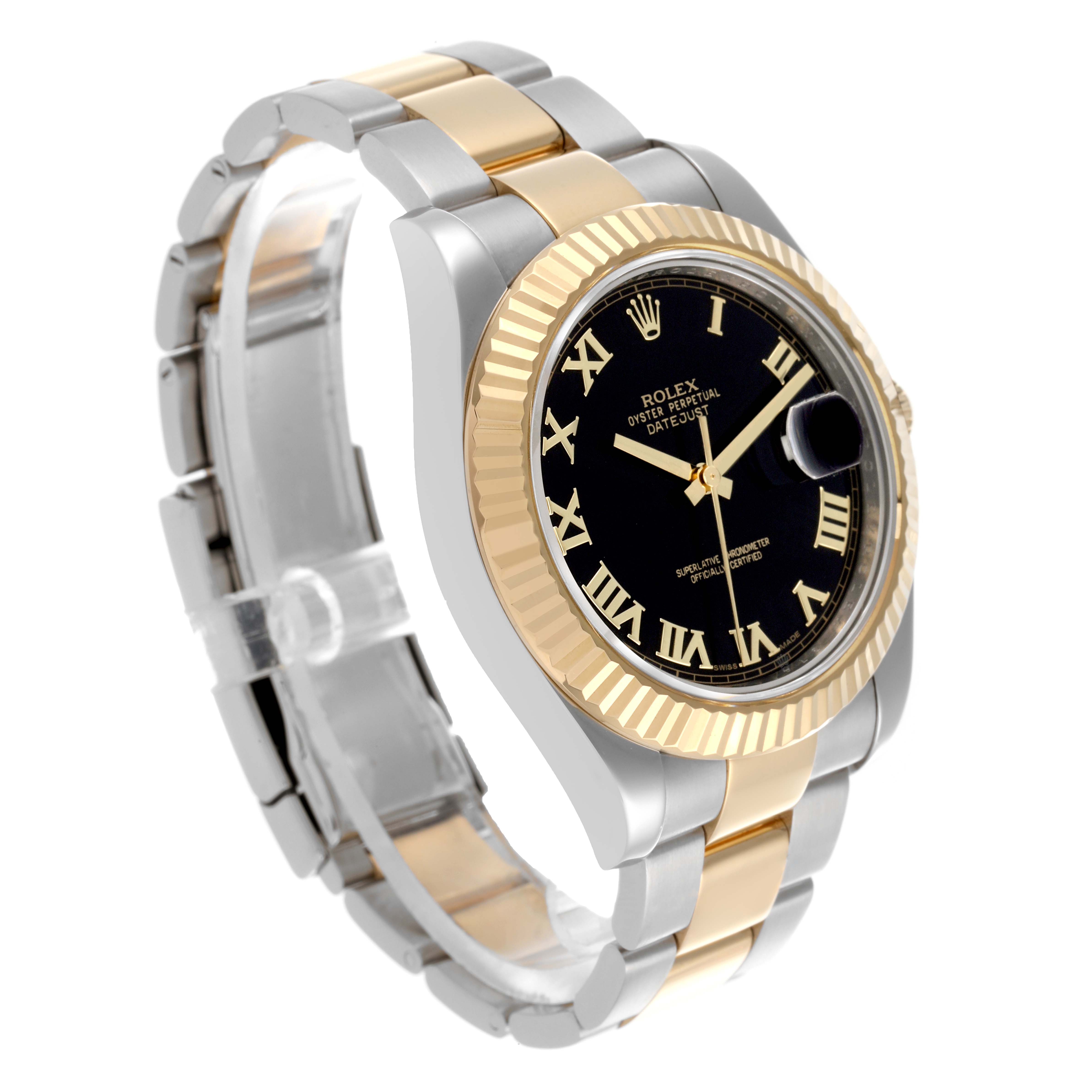 The Rolex Datejust 41 116333 Men's Steel and Gold (two tone) Black Dial 116333 Men's Steel and Gold (two tone) Black Dial is shown at a three-quarter angle, highlighting the black dial, fluted bezel, and two-tone bracelet.
