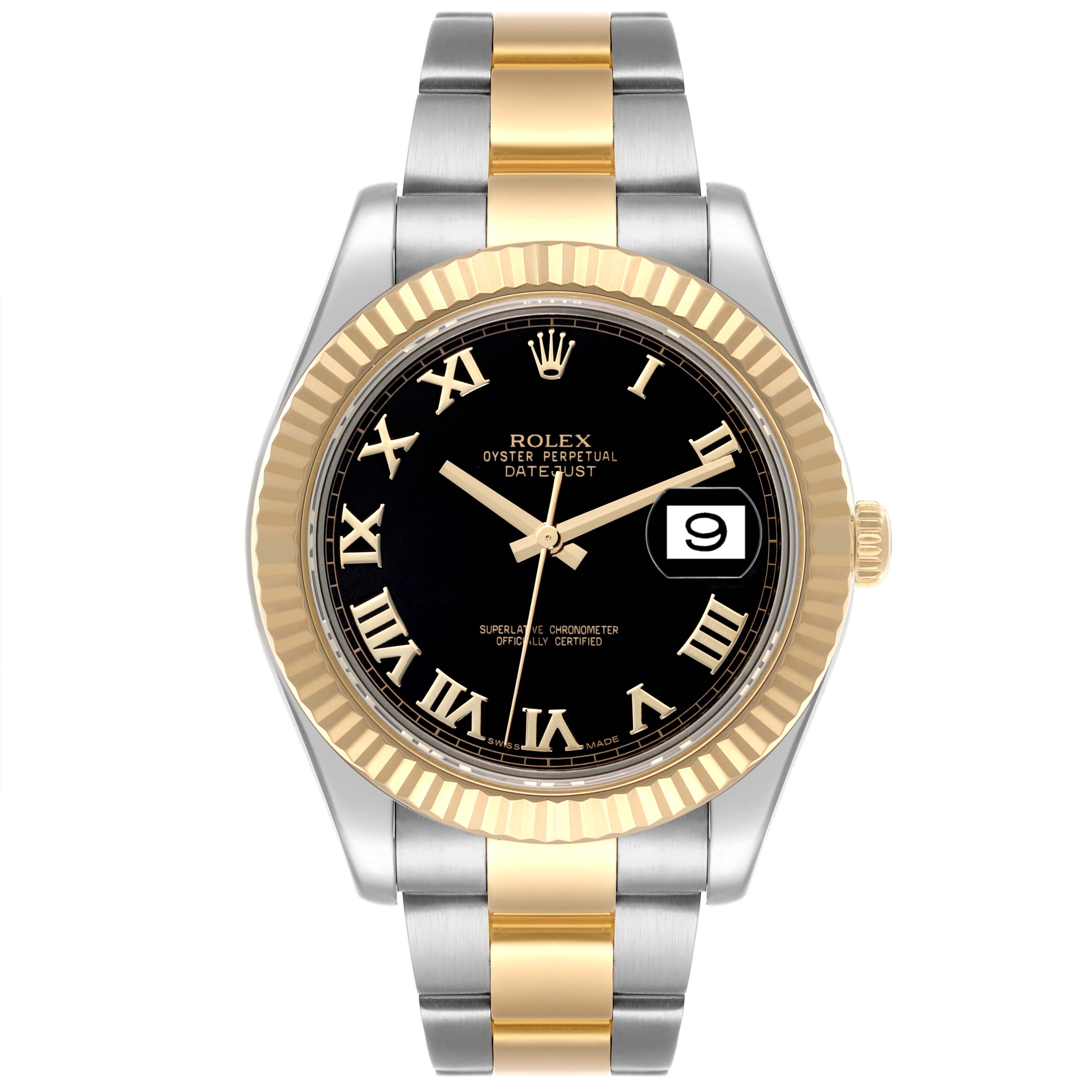 The Rolex Datejust 41 116333 Men's Steel and Gold (two tone) Black Dial 116333 Men's Steel and Gold (two tone) Black Dial is shown from a front view, displaying the dial, bezel, and bracelet.