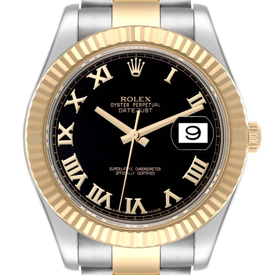 The image shows a front view of the Rolex Datejust 41 with a two-tone bezel, black dial, and Roman numerals.