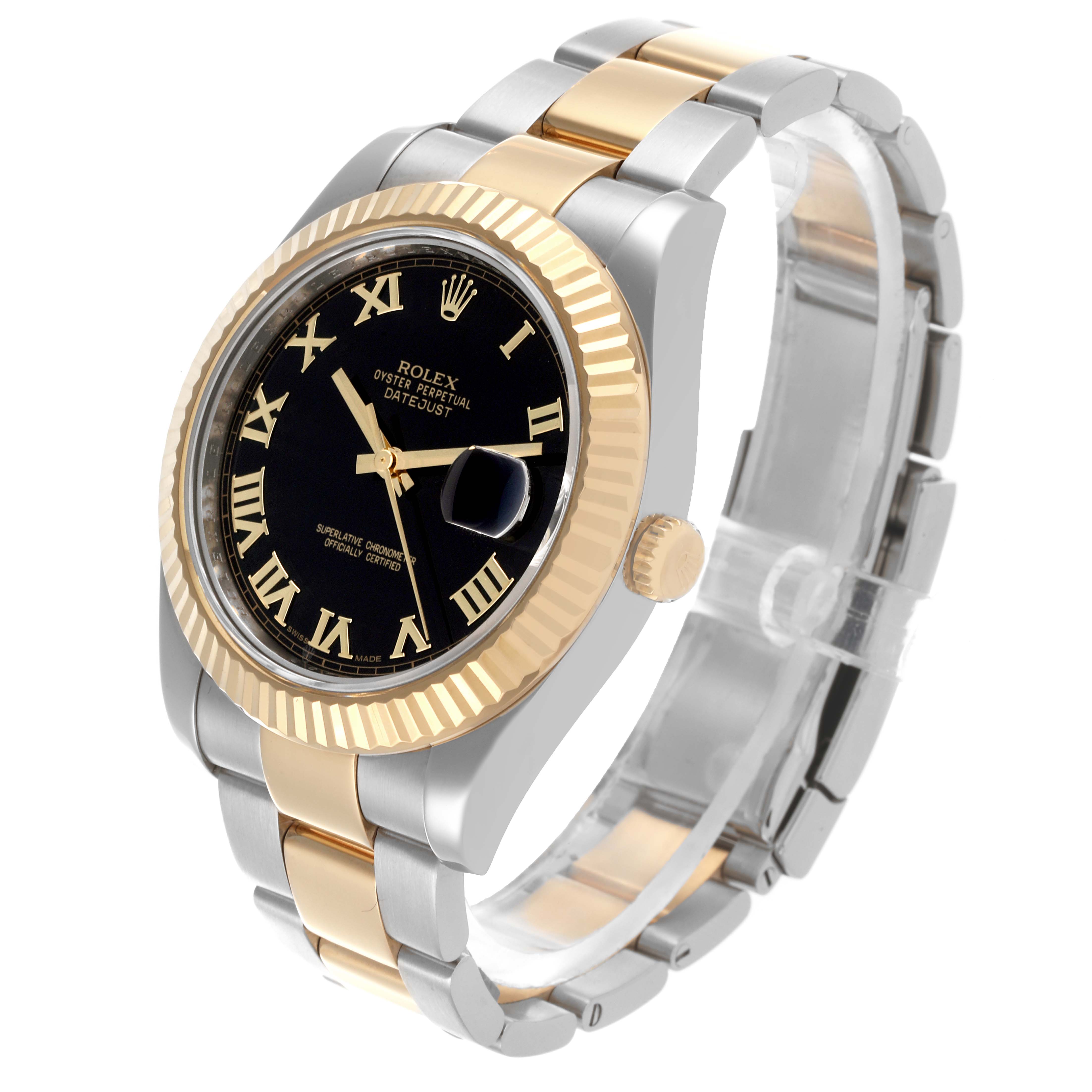 The Rolex Datejust 41 116333 Men's Steel and Gold (two tone) Black Dial 116333 Men's Steel and Gold (two tone) Black Dial is shown at a three-quarter angle, displaying its gold and silver bracelet, black dial, and fluted bezel.