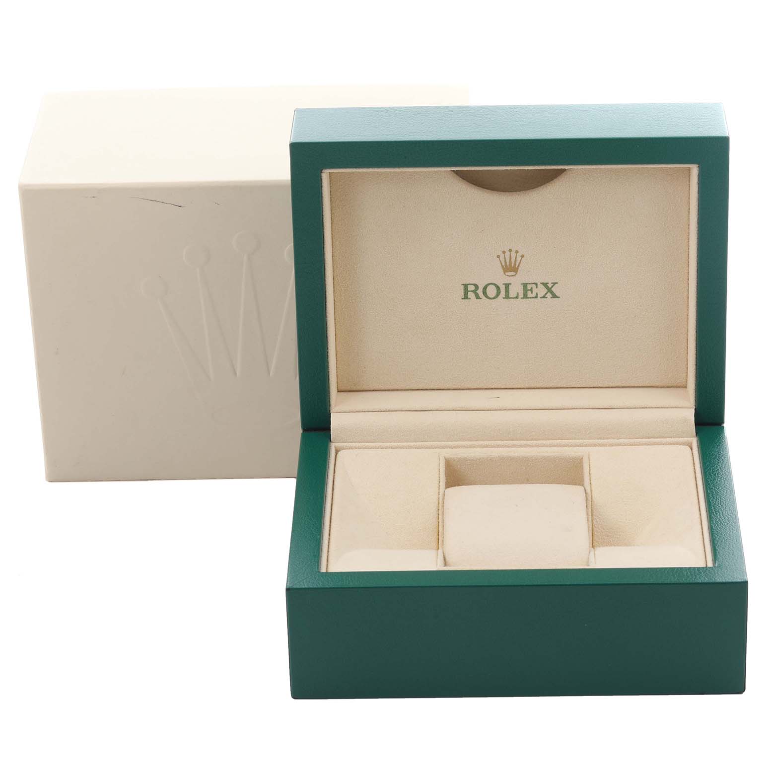 The image shows the open box for a Rolex Datejust 41 116333 Men's Steel and Gold (two tone) Black Dial 116333 Men's Steel and Gold (two tone) Black Dial, highlighting the brand logo and cushion for the watch.