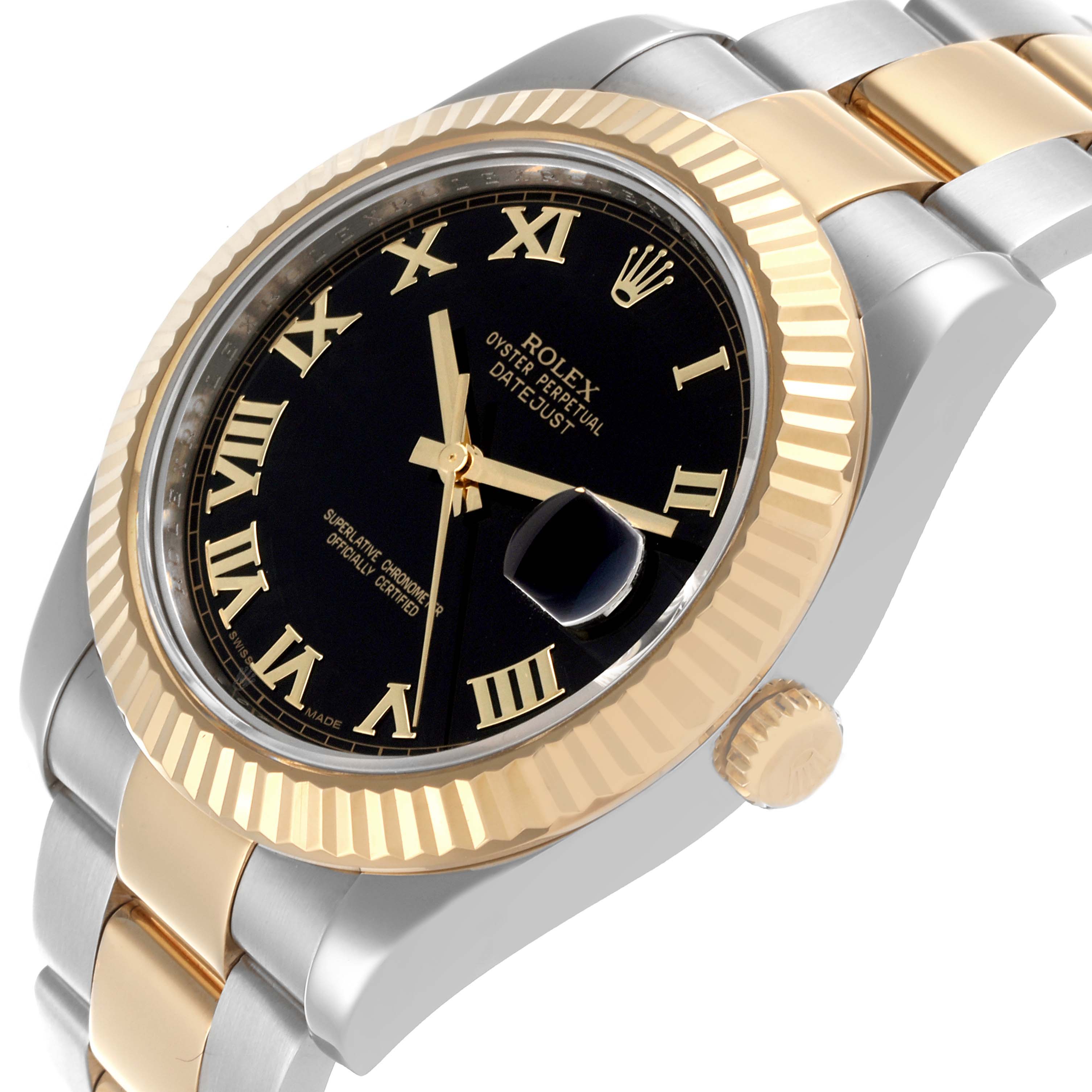 The Rolex Datejust 41 116333 Men's Steel and Gold (two tone) Black Dial 116333 Men's Steel and Gold (two tone) Black Dial is shown at an angle featuring the bezel, crown, and part of the bracelet.