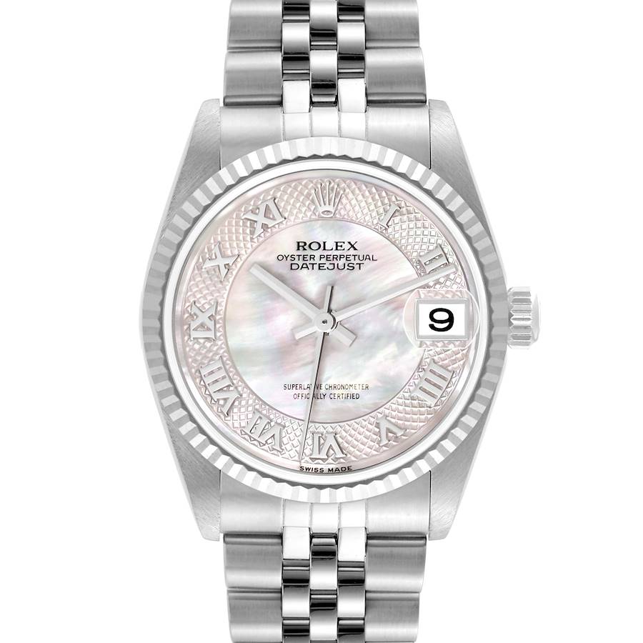 The Rolex Datejust Mid-Size watch is shown from the front, displaying the dial, bezel, and part of the bracelet.