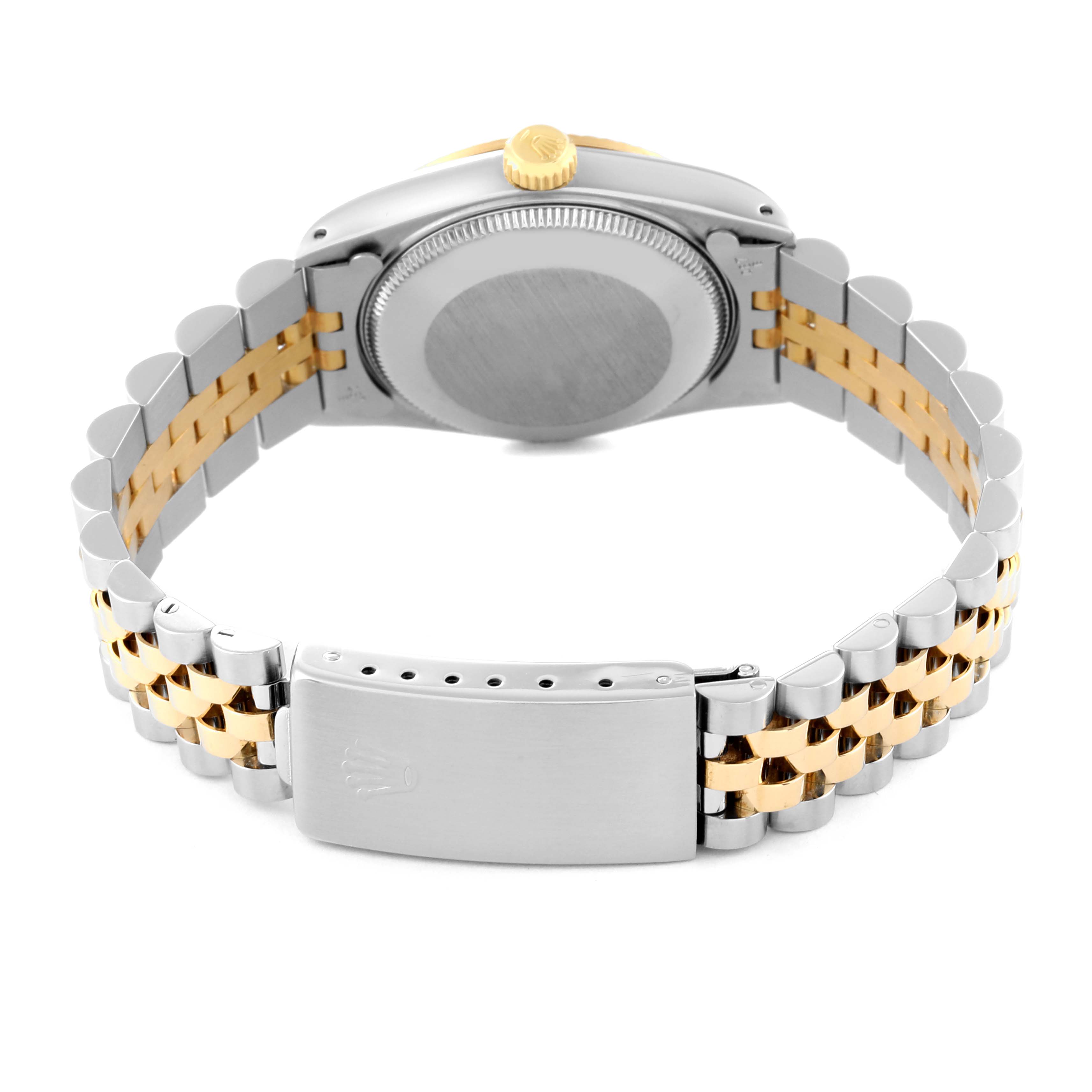 This image of the Mid-Size Rolex watch shows the rear case, crown, and two-tone bracelet with the clasp visible.