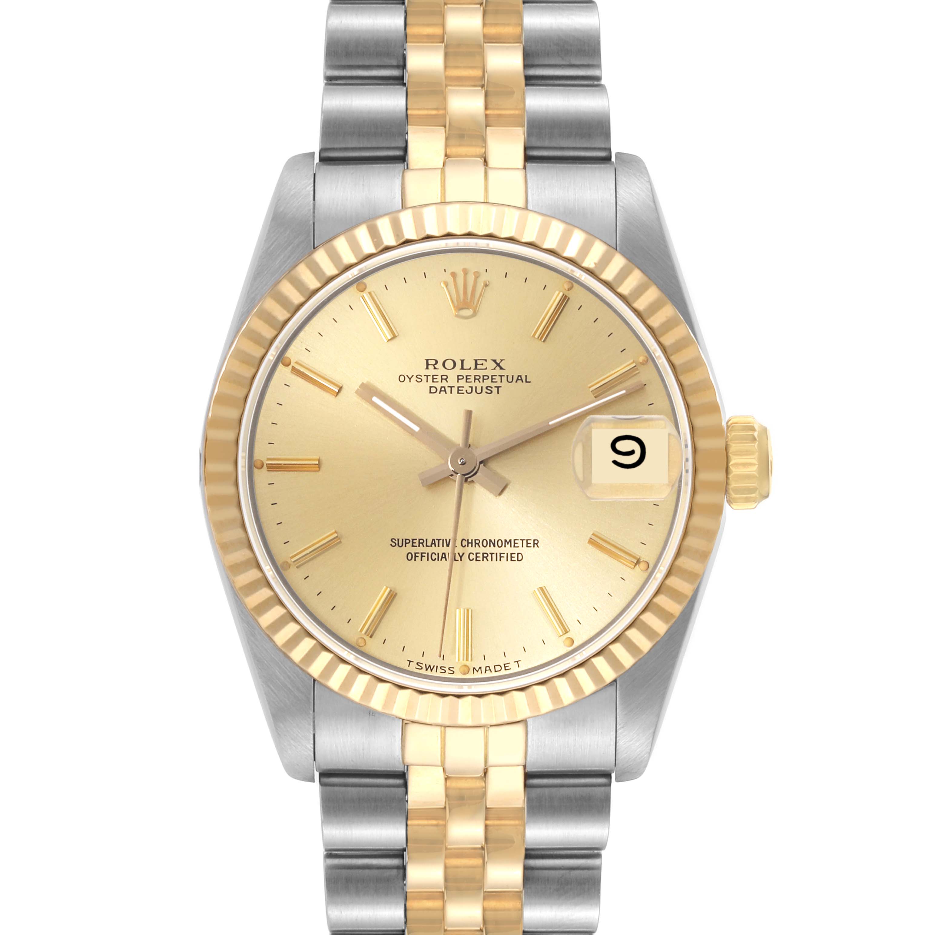 The image shows a front view of a Rolex Mid-Size 68273 Women
s Steel and Gold (two tone) Champagne Dial 68273 Women
s Steel and Gold (two tone) Champagne Dial Oyster Perpetual Datejust watch, featuring a gold dial and two-tone bracelet.