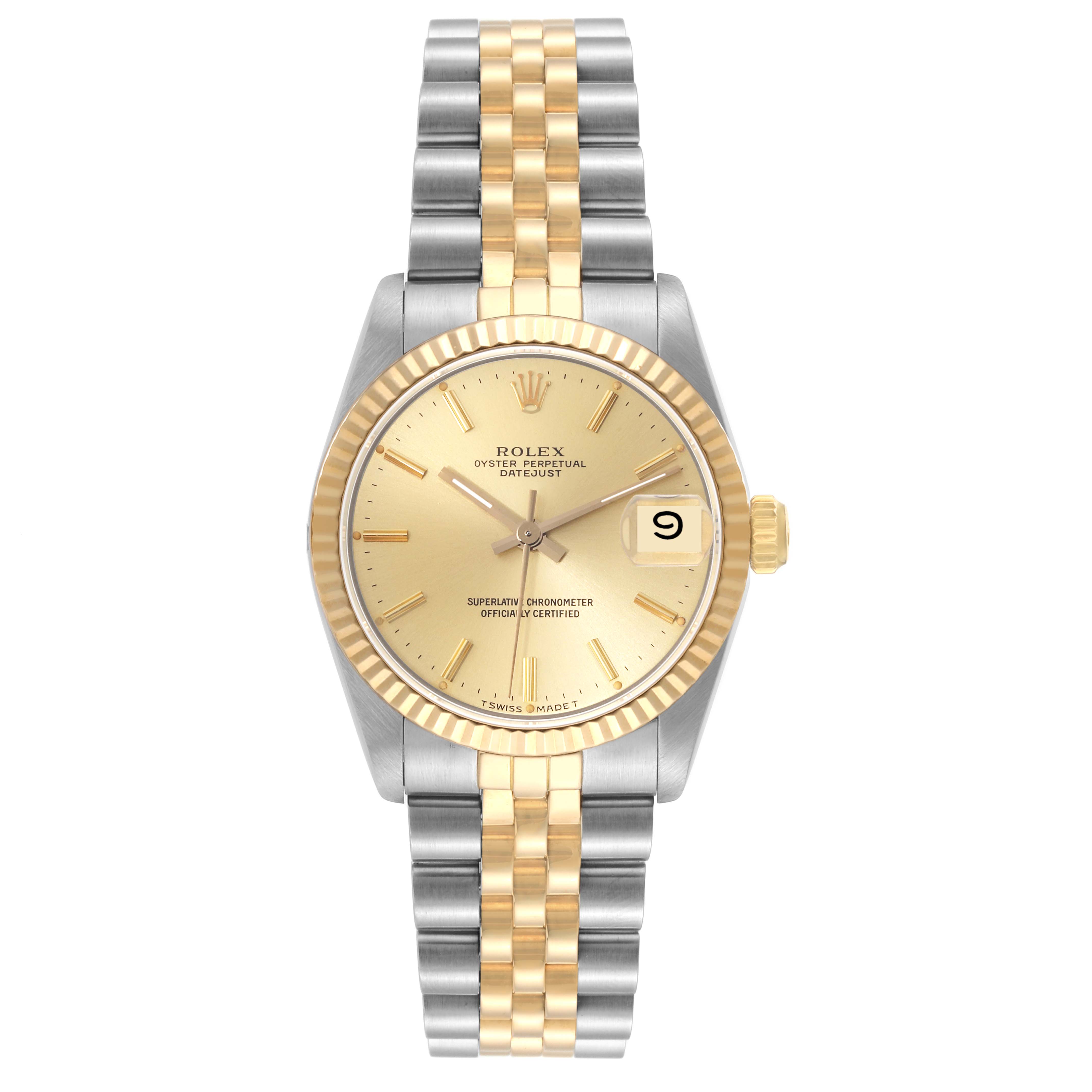 The image shows a front view of a Rolex Mid-Size 68273 Women
s Steel and Gold (two tone) Champagne Dial 68273 Women
s Steel and Gold (two tone) Champagne Dial Oyster Perpetual Datejust, highlighting the dial, bezel, and bracelet.