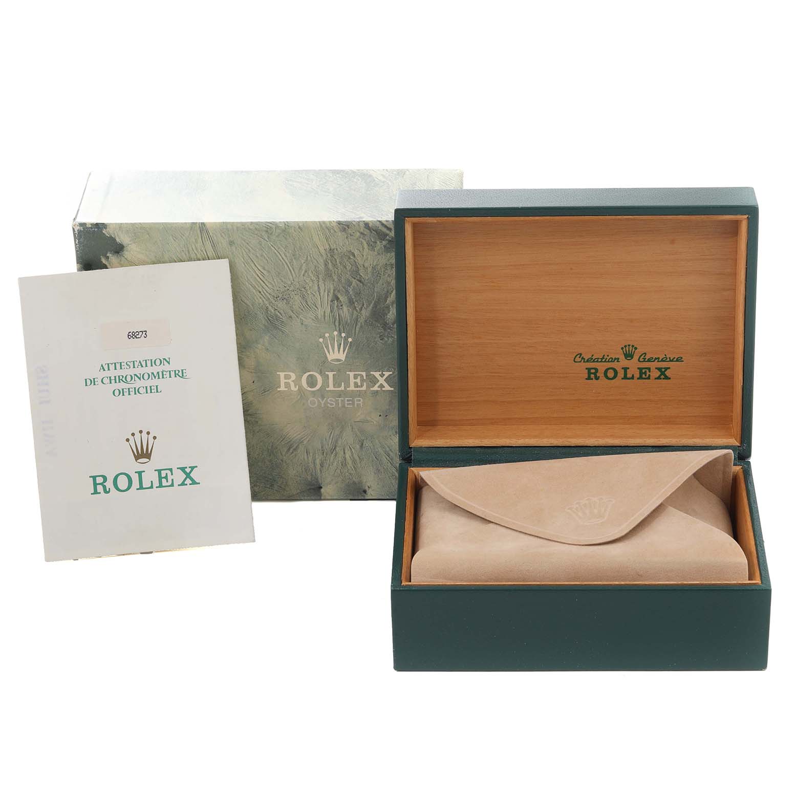 This image shows the packaging, inner box, and certificate for a Mid-Size Rolex watch.