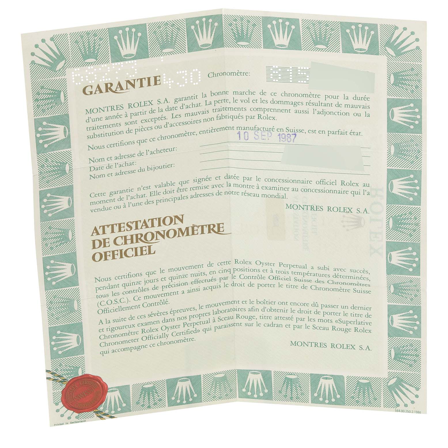 This is a folded warranty certificate for a Rolex Mid-Size 68273 Women
s Steel and Gold (two tone) Champagne Dial 68273 Women
s Steel and Gold (two tone) Champagne Dial model, showing text details and a Rolex logo border.