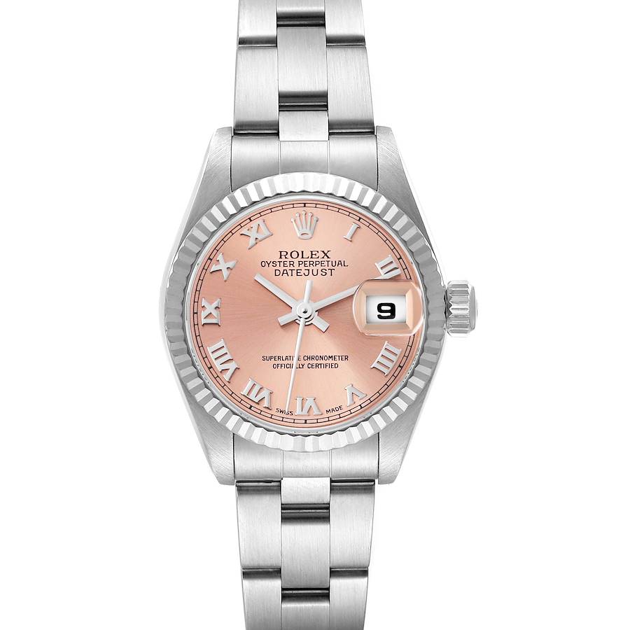 The Rolex Datejust watch is shown from the front, displaying its face, bezel, and bracelet.