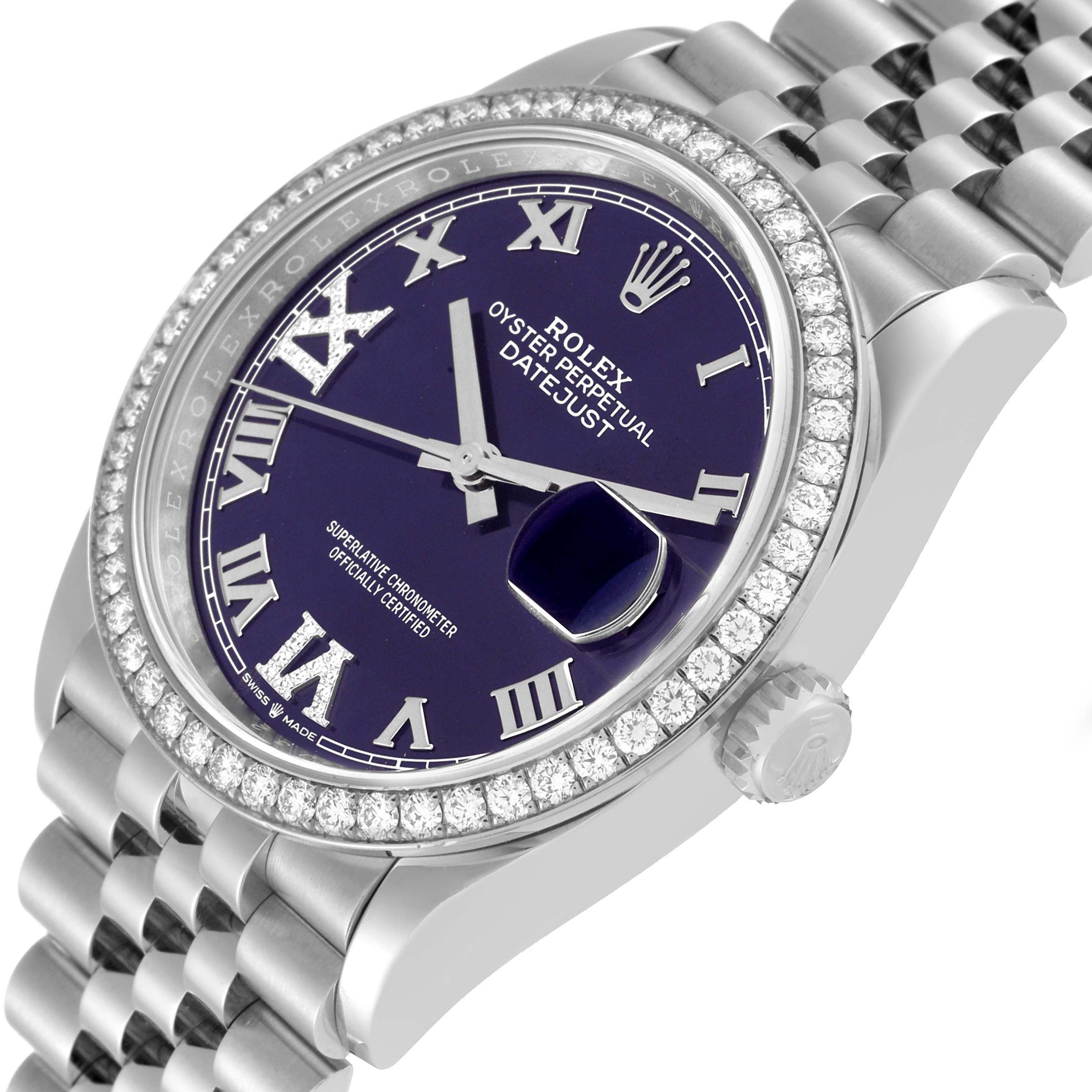 The Rolex Datejust 126284RBR Men's Stainless Steel Purple Dial 126284RBR Men's Stainless Steel Purple Dial watch is angled slightly from the right, showcasing the dial, bezel, and part of the bracelet.