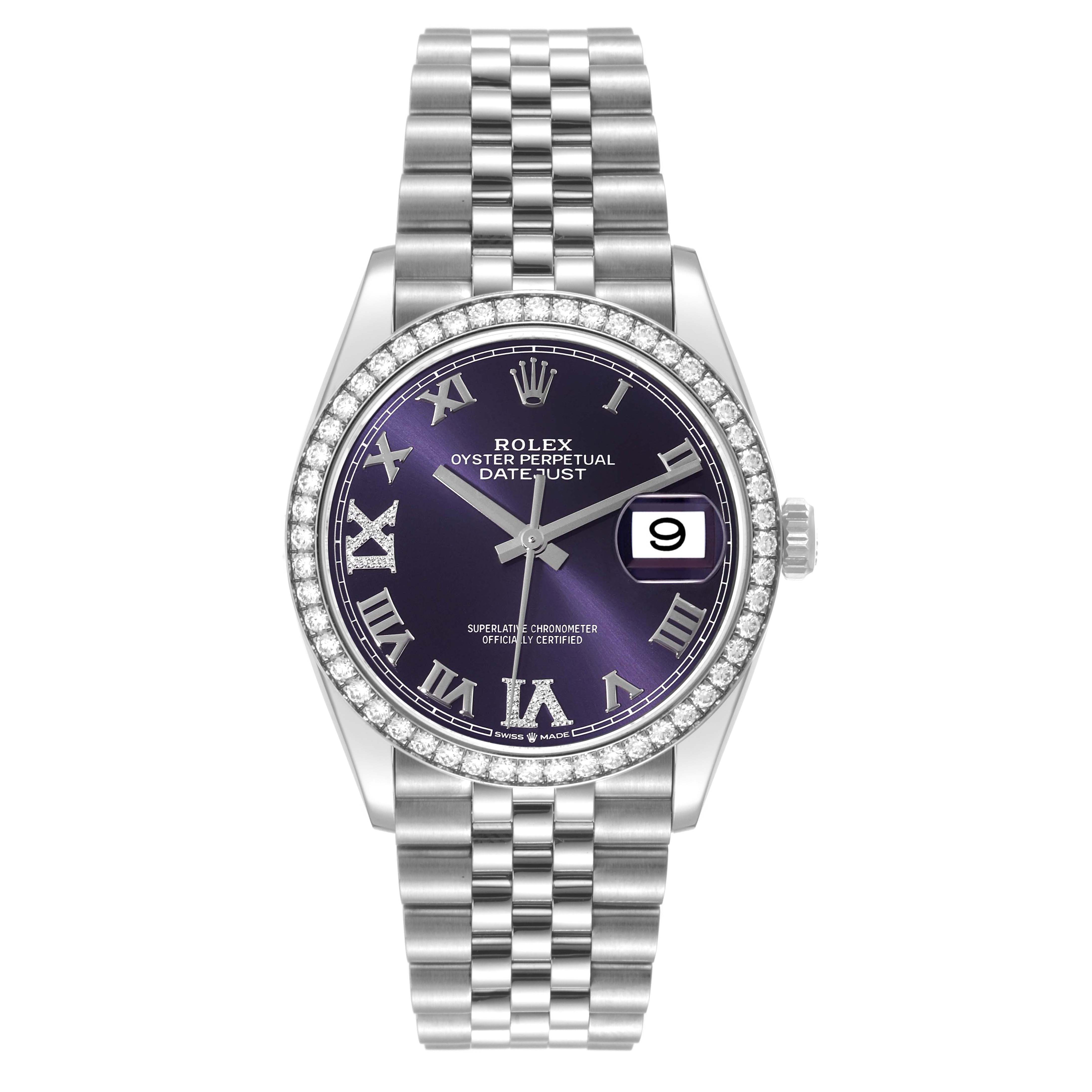 This Rolex Datejust 126284RBR Men's Stainless Steel Purple Dial 126284RBR Men's Stainless Steel Purple Dial watch is shown from a front angle, displaying the dial, bezel, case, and bracelet.