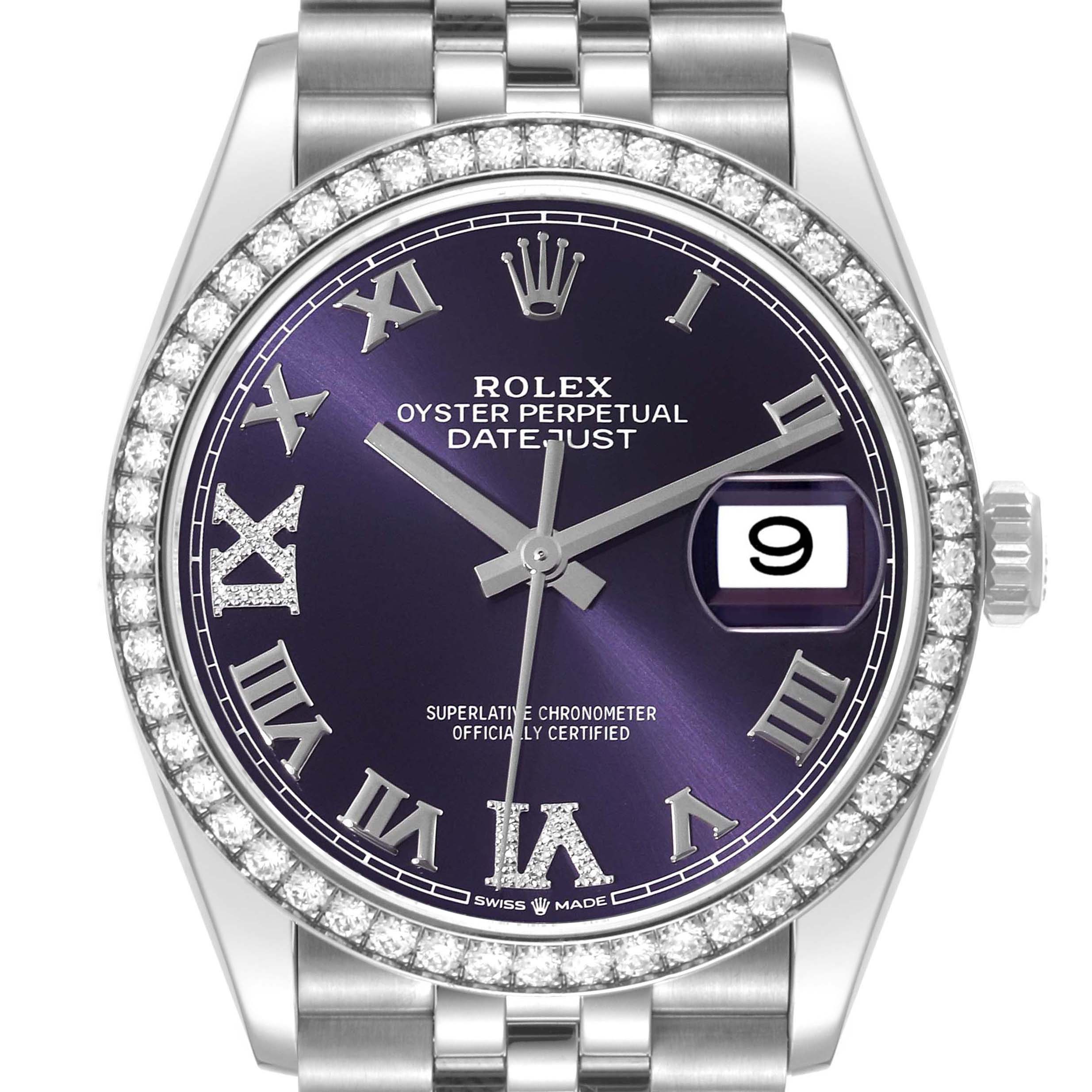 Rolex Datejust Steel Purple Diamond Dial Bezel Mens Watch 126284