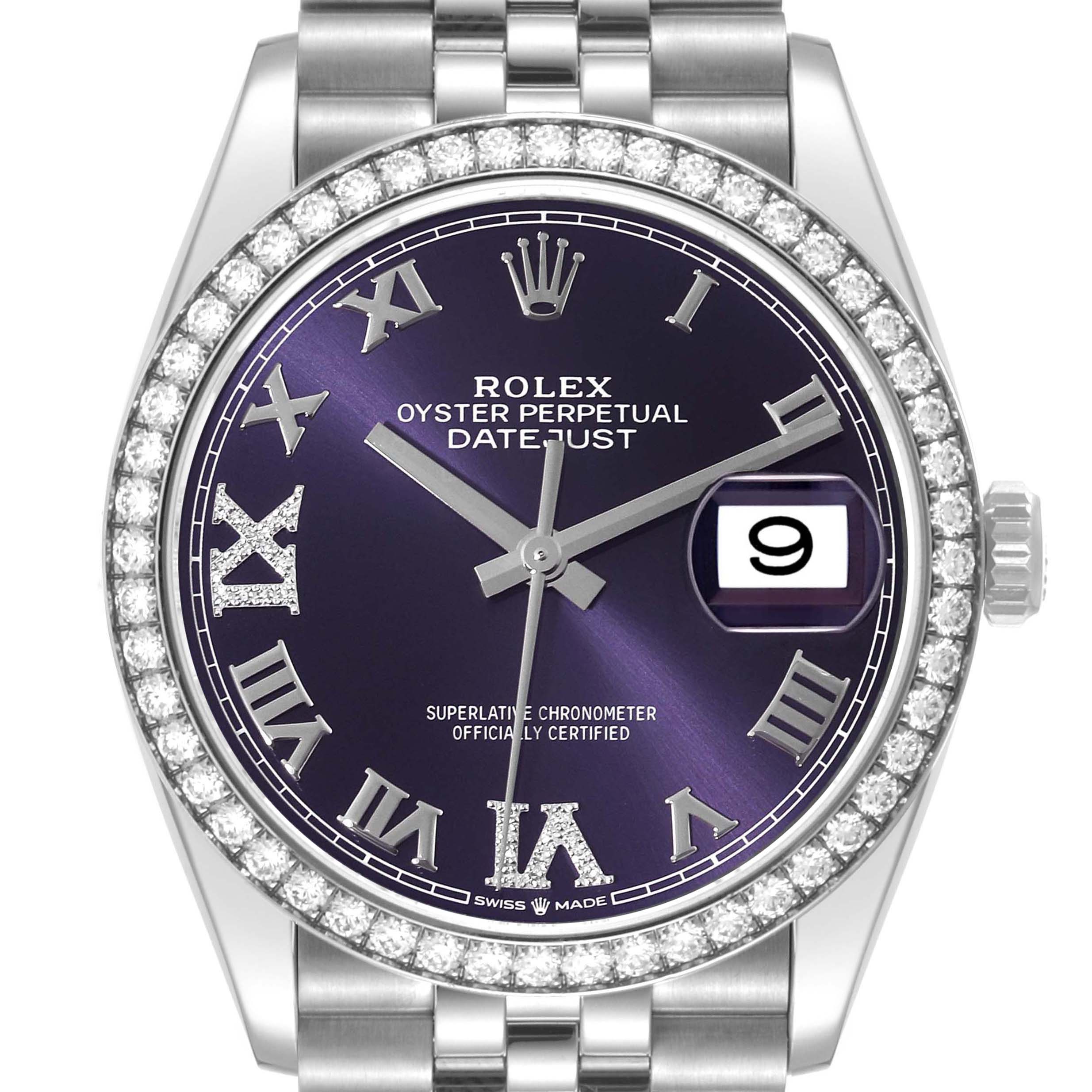 The image shows a front view of a Rolex Datejust 126284RBR Men's Stainless Steel Purple Dial 126284RBR Men's Stainless Steel Purple Dial watch featuring a purple dial with Roman numerals and a diamond-encrusted bezel.