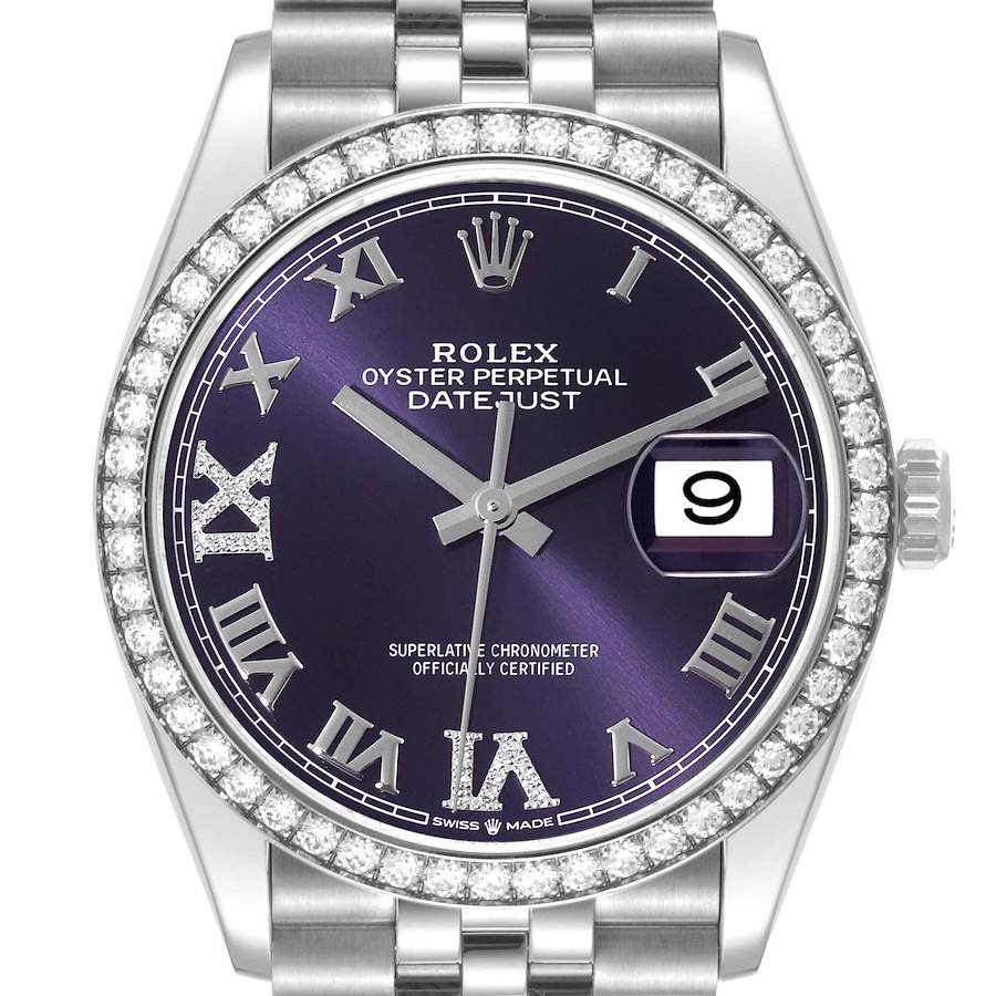 Rolex Datejust Steel Purple Diamond Dial Bezel Mens Watch 126284 SwissWatchExpo