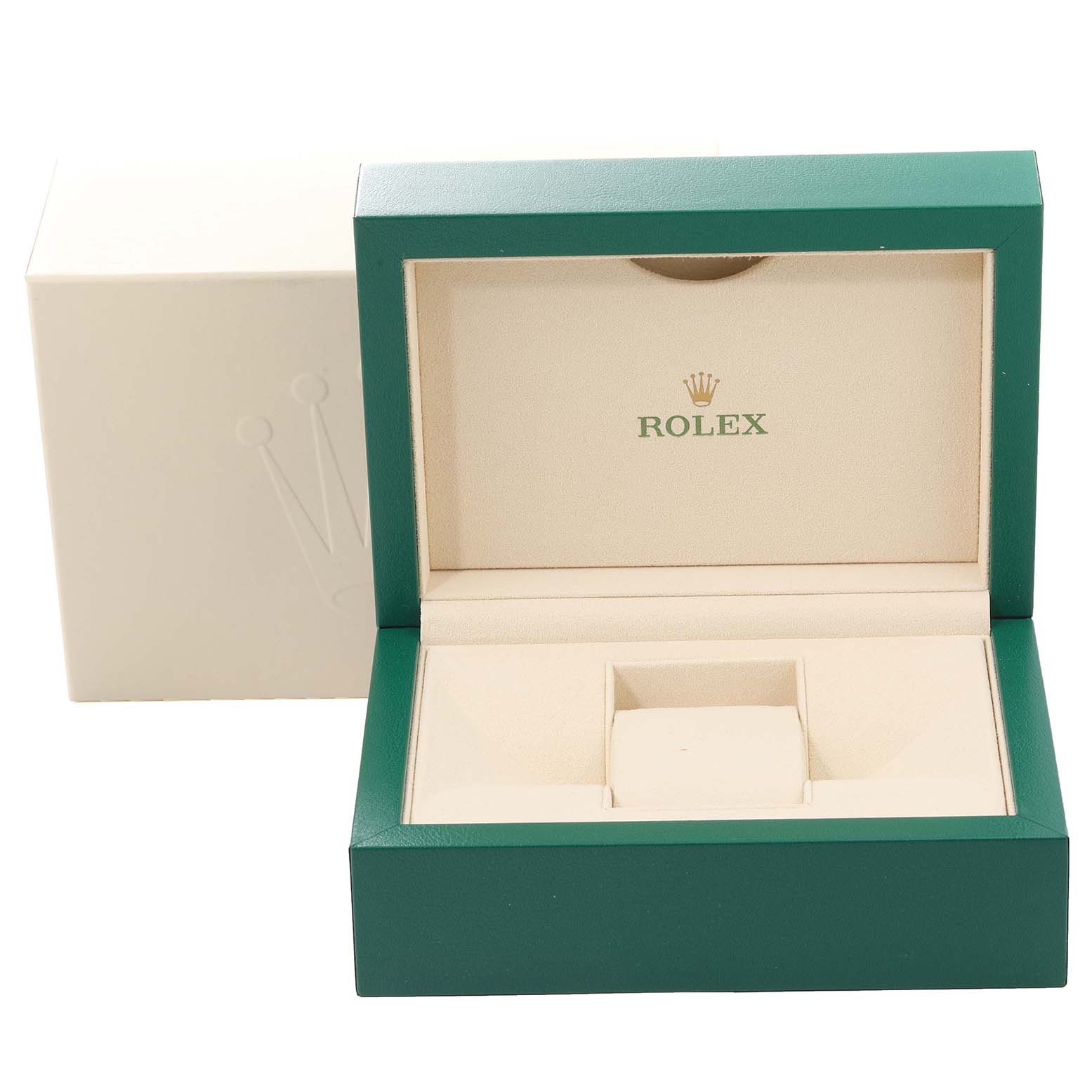 The image shows an open Rolex Datejust 126284RBR Men's Stainless Steel Purple Dial 126284RBR Men's Stainless Steel Purple Dial watch box in green and beige, with the lid displaying the Rolex logo.