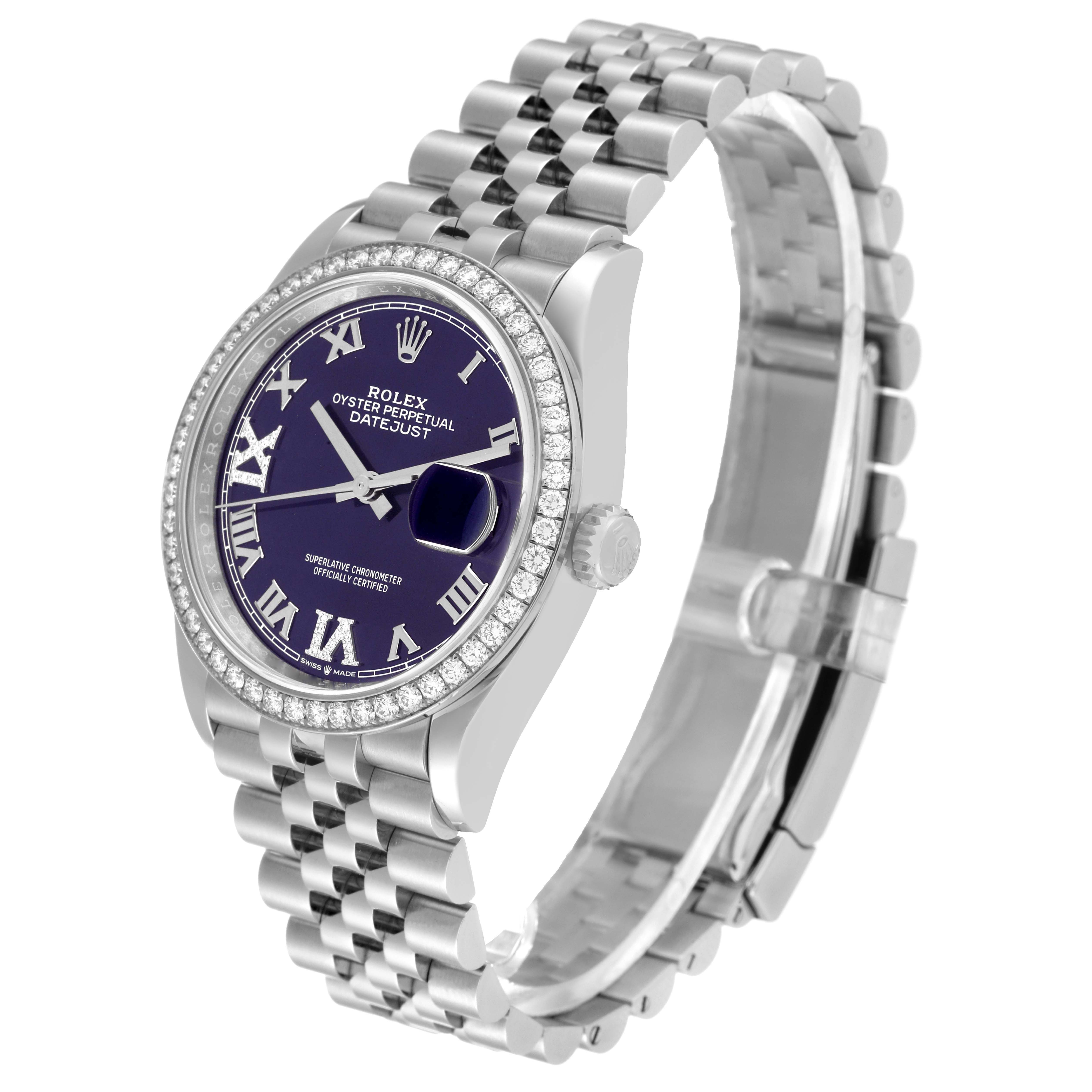 The image shows a Rolex Datejust 126284RBR Men's Stainless Steel Purple Dial 126284RBR Men's Stainless Steel Purple Dial watch with a blue dial, diamond bezel, and Jubilee bracelet at a three-quarter angle.