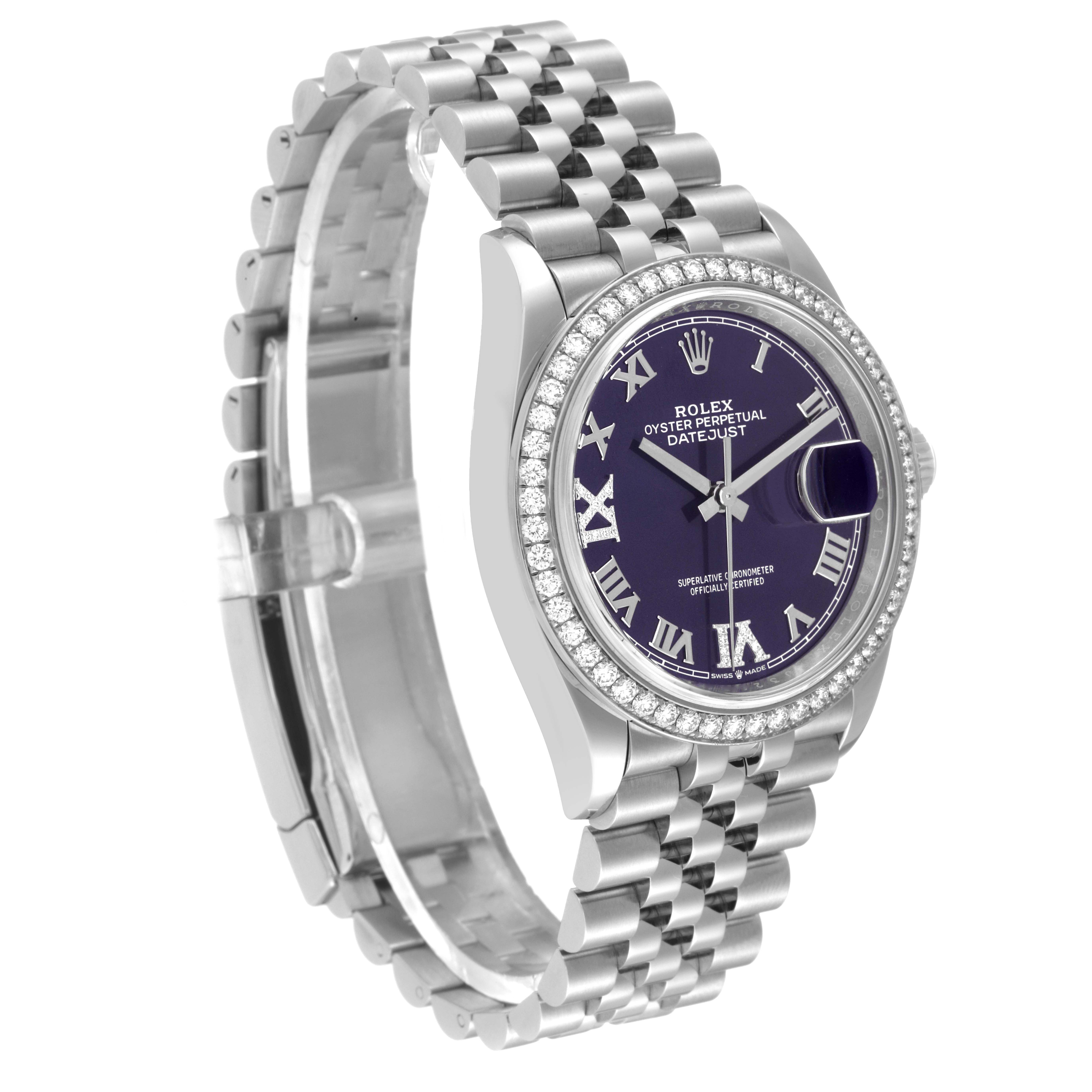 The Rolex Datejust 126284RBR Men's Stainless Steel Purple Dial 126284RBR Men's Stainless Steel Purple Dial watch is shown at a three-quarter angle, highlighting the face, bezel, and Jubilee bracelet.