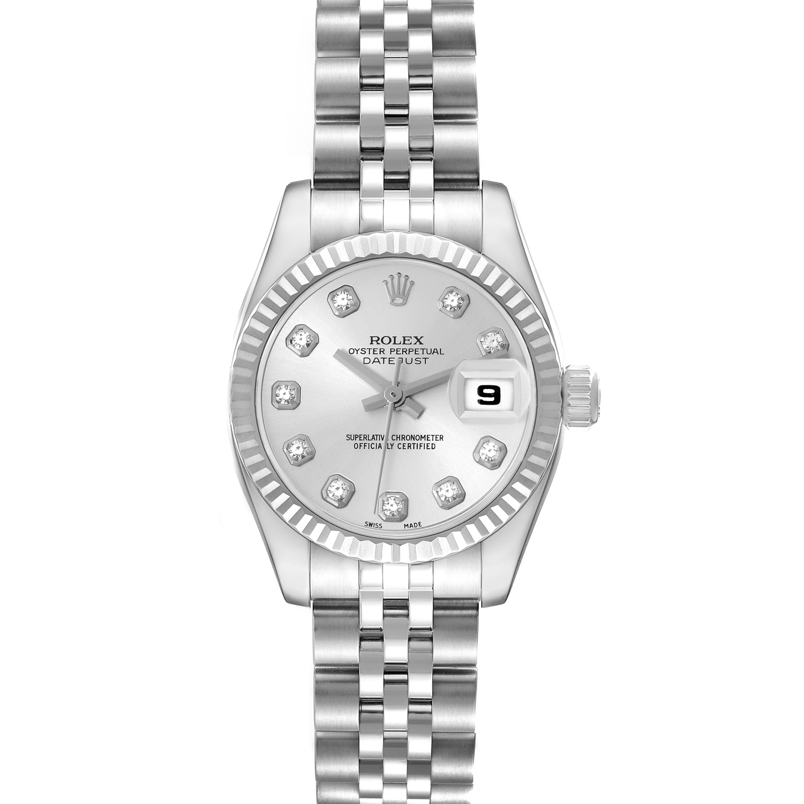 The image shows a front view of a Rolex Datejust 179174 Women's Stainless Steel Silver Dial 179174 Women's Stainless Steel Silver Dial watch, highlighting the dial, bezel, and bracelet.