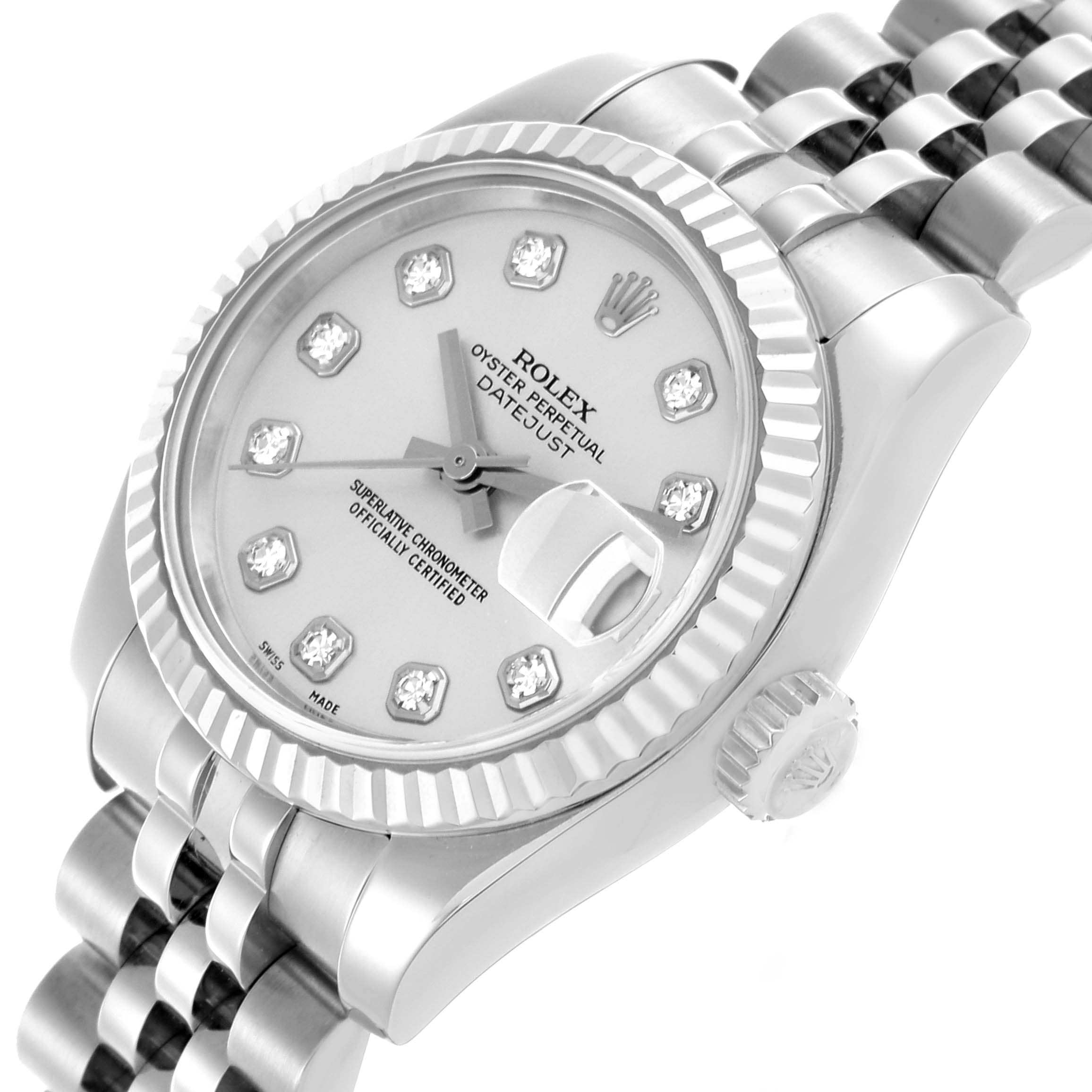 The Rolex Datejust 179174 Women's Stainless Steel Silver Dial 179174 Women's Stainless Steel Silver Dial watch is shown at an angle highlighting the face, bezel, and part of the bracelet.
