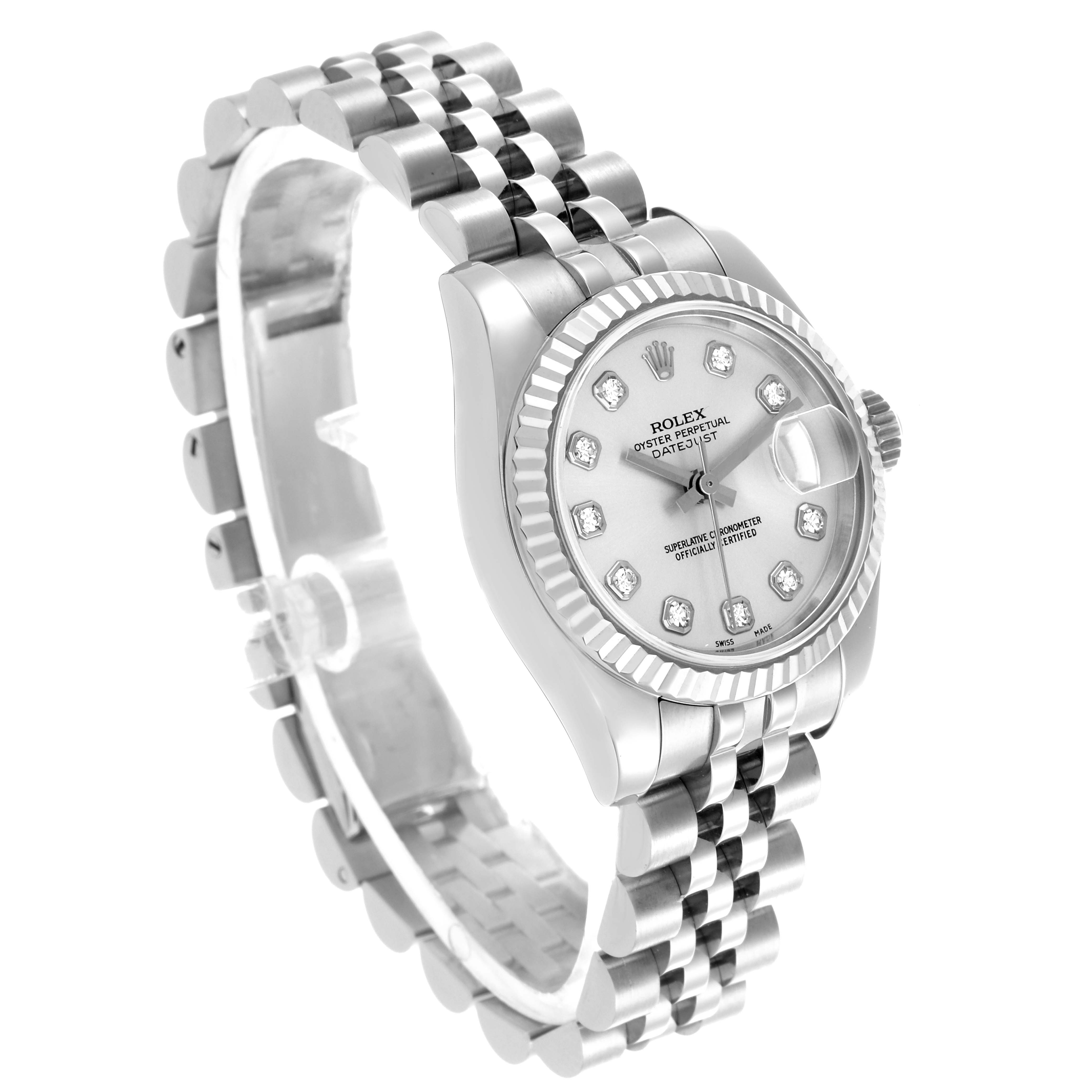 The Rolex Datejust 179174 Women's Stainless Steel Silver Dial 179174 Women's Stainless Steel Silver Dial watch is shown at a three-quarter angle, displaying the face, crown, and bracelet clearly.