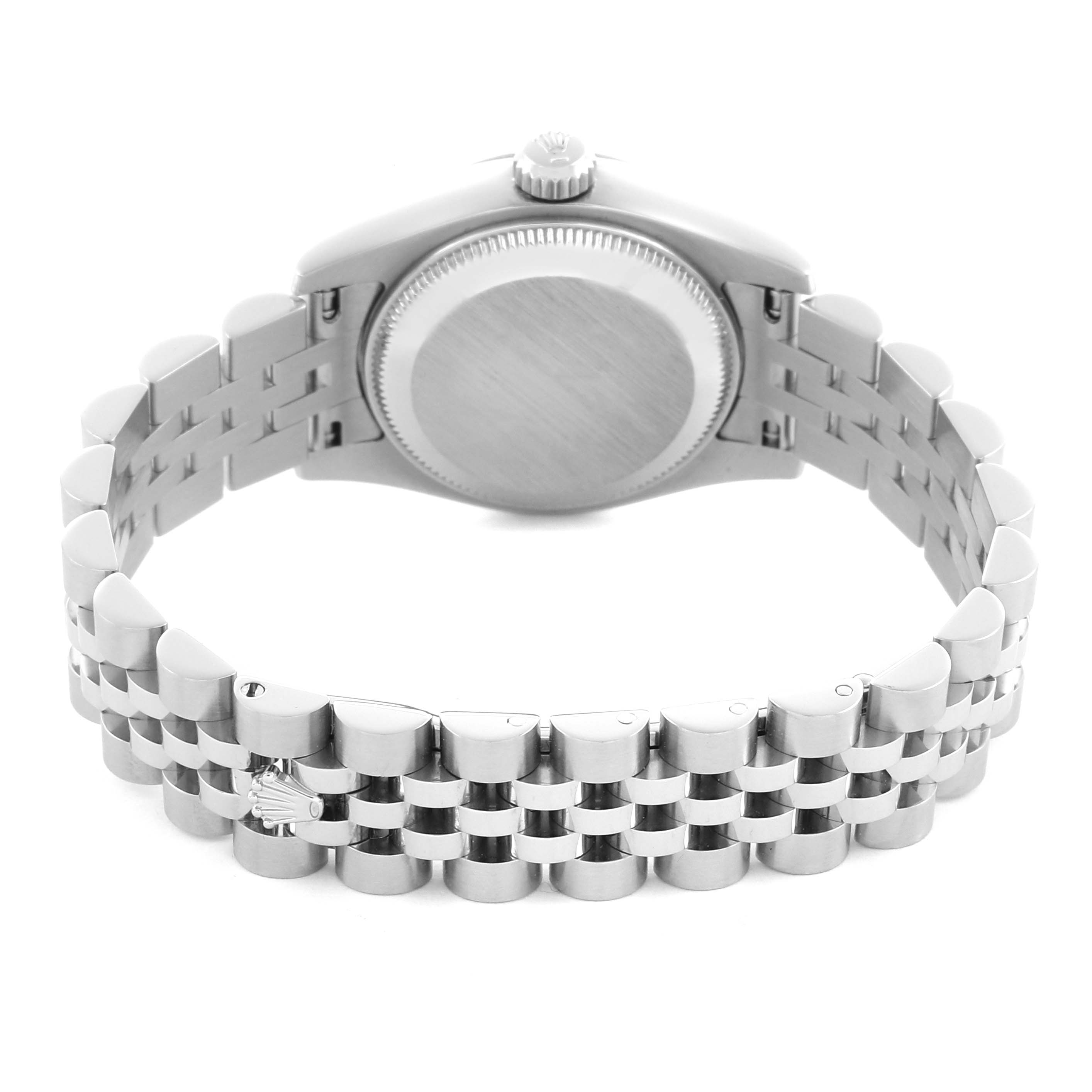 The image shows the back view of a Rolex Datejust 179174 Women's Stainless Steel Silver Dial 179174 Women's Stainless Steel Silver Dial watch, highlighting the case back and Jubilee bracelet.