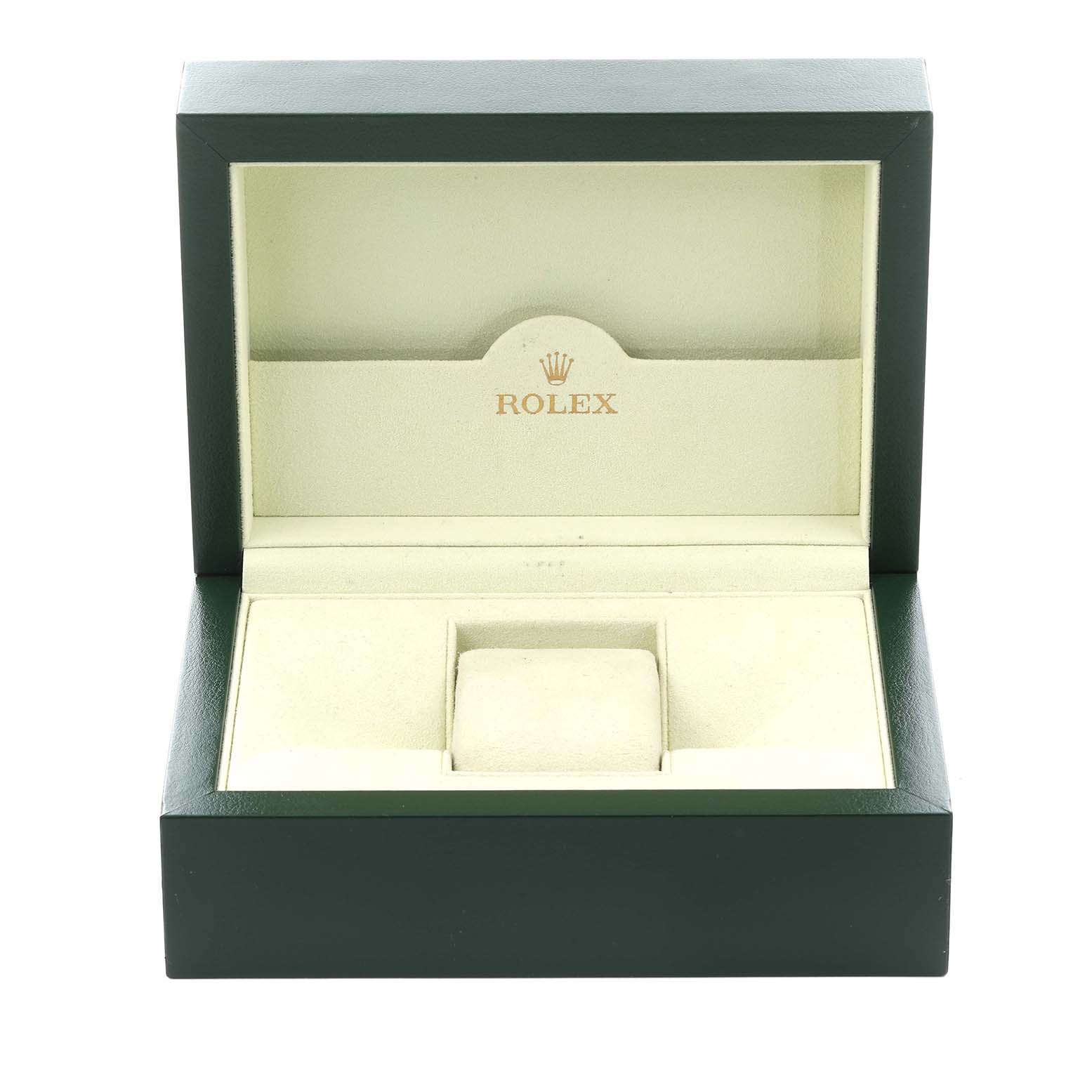 The image shows an open Rolex watch box for the Datejust model, displaying the interior without the watch.
