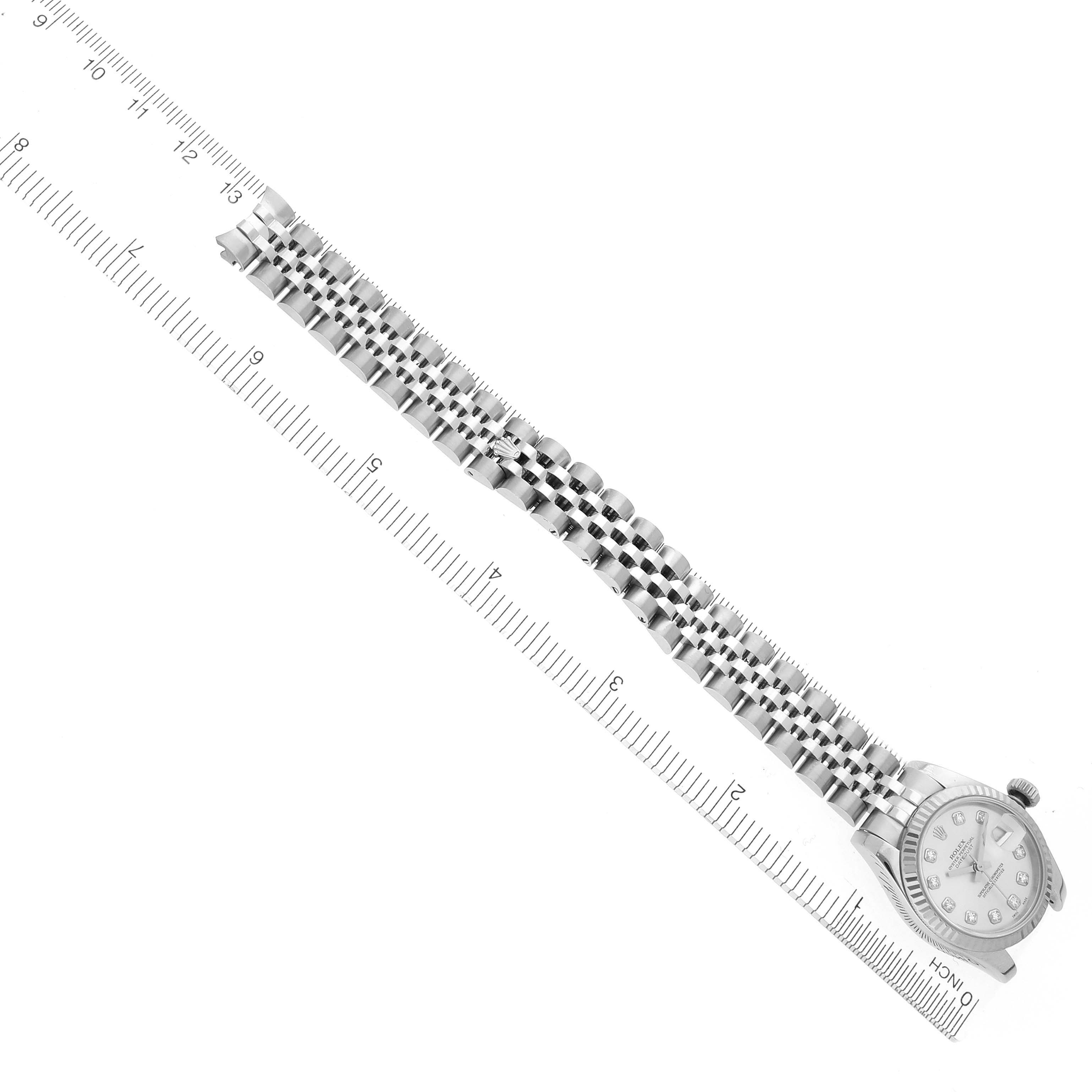 The Rolex Datejust 179174 Women's Stainless Steel Silver Dial 179174 Women's Stainless Steel Silver Dial watch is shown at a diagonal angle, highlighting the bracelet and partial view of the dial and case.