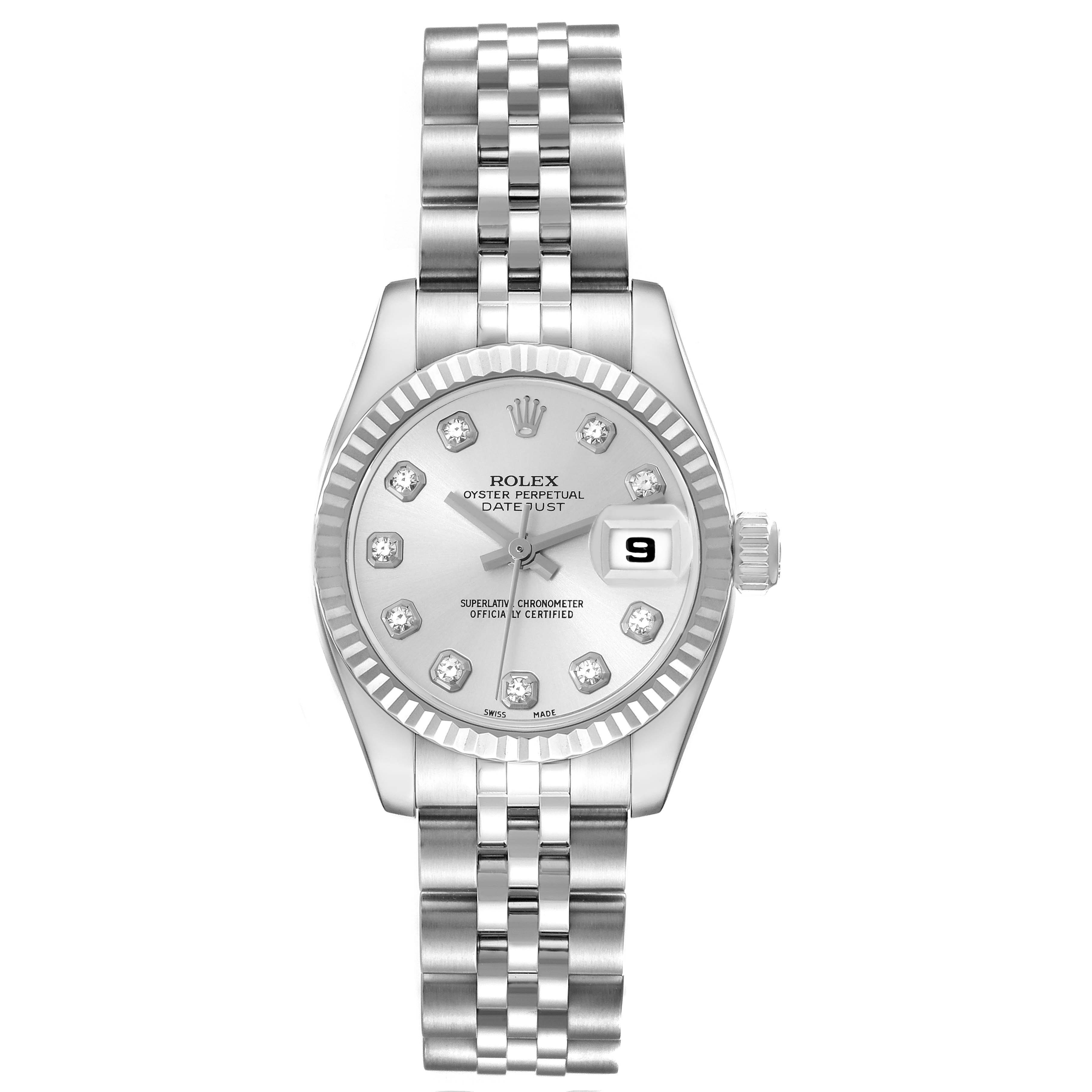 The Rolex Datejust 179174 Women's Stainless Steel Silver Dial 179174 Women's Stainless Steel Silver Dial watch is shown from the front, displaying the face, bezel, bracelet, and date window.