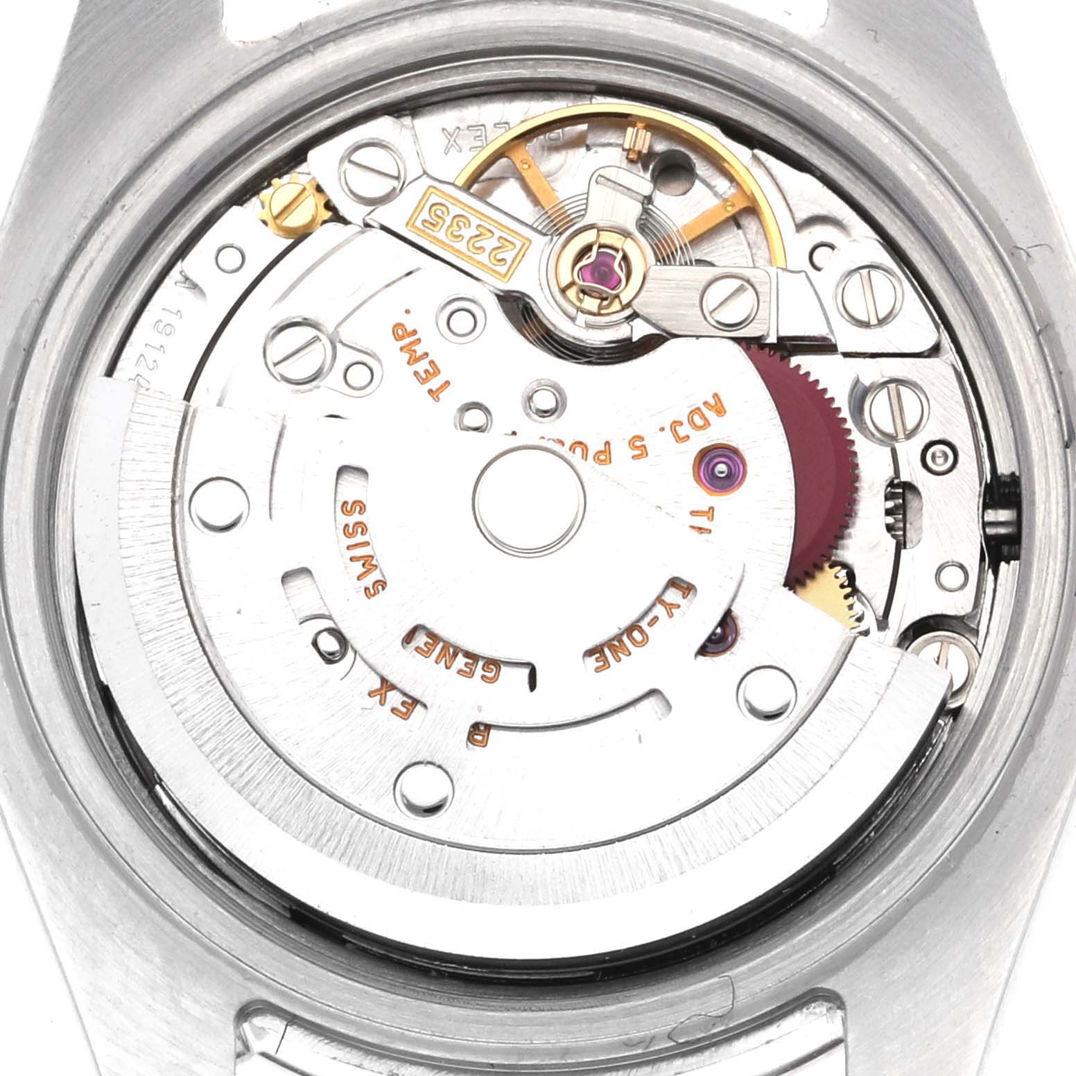 The image shows the movement components of a Rolex Datejust 179174 Women's Stainless Steel Silver Dial 179174 Women's Stainless Steel Silver Dial watch from a back angle.