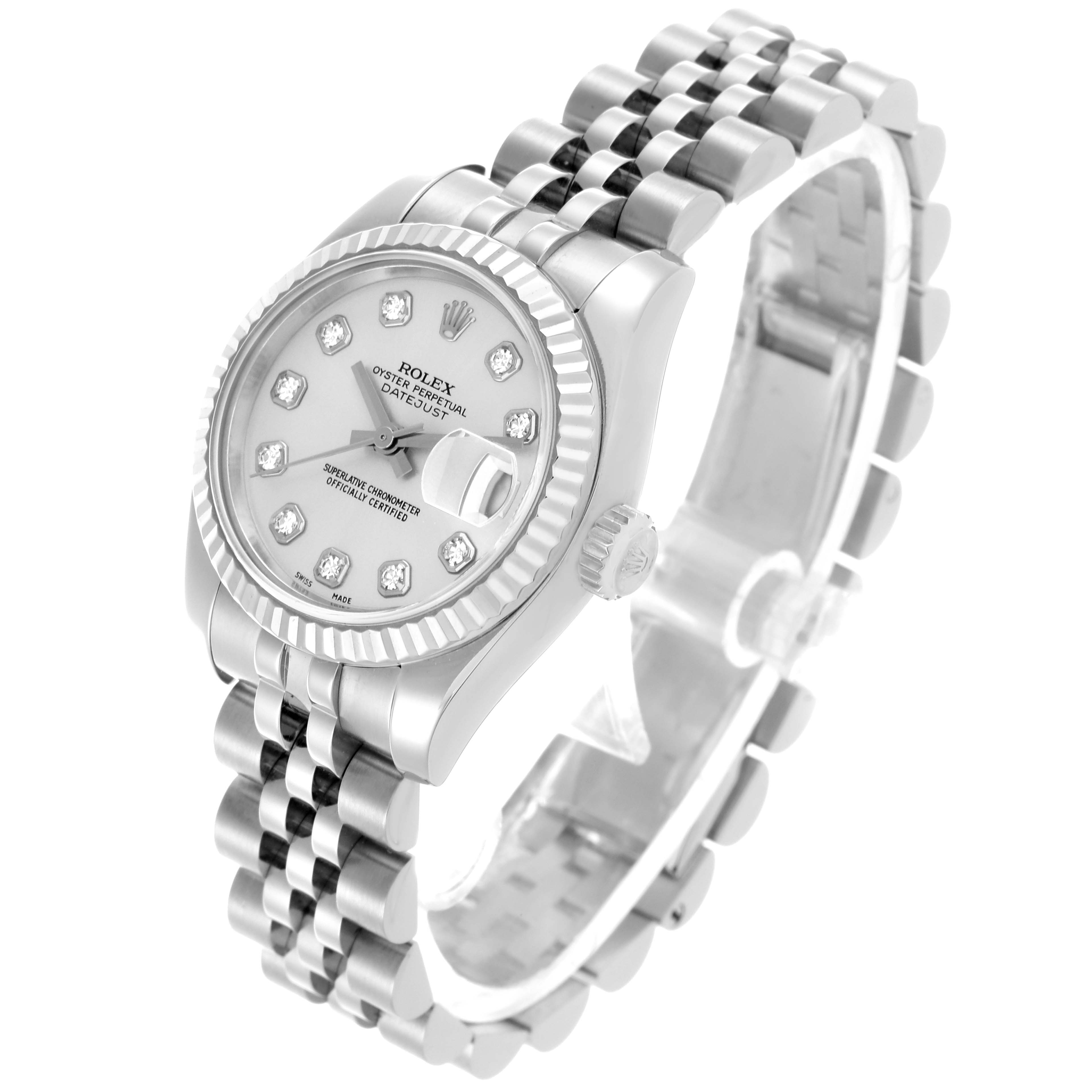 The Rolex Datejust 179174 Women's Stainless Steel Silver Dial 179174 Women's Stainless Steel Silver Dial watch is shown at an angled view displaying the face, bezel, crown, and Jubilee bracelet.