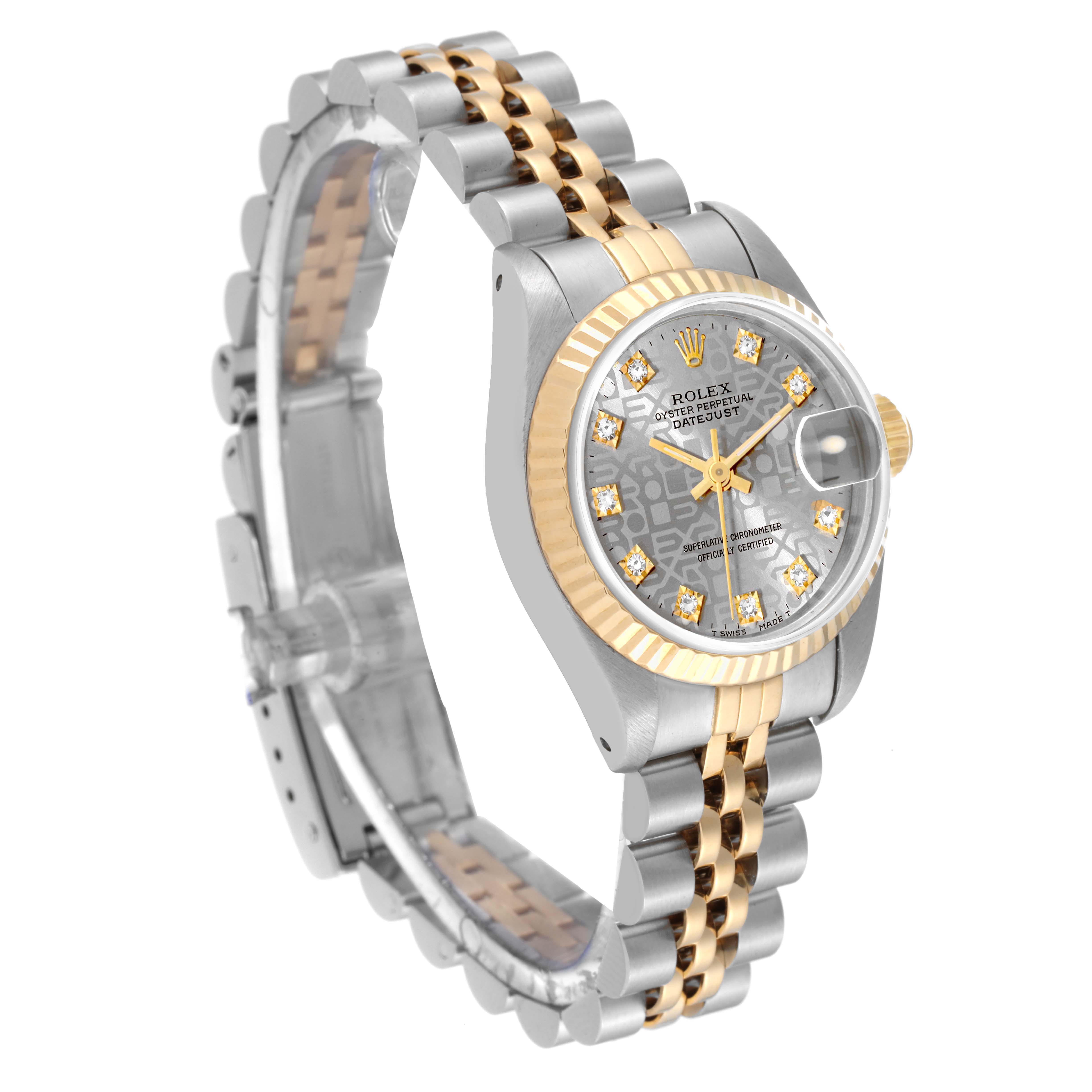 The image shows a side-angle view of the Rolex Datejust 69173G Women's Steel and Gold (two tone) Silver Dial 69173G Women's Steel and Gold (two tone) Silver Dial watch, highlighting the two-tone bracelet, bezel, and diamond-accented dial.