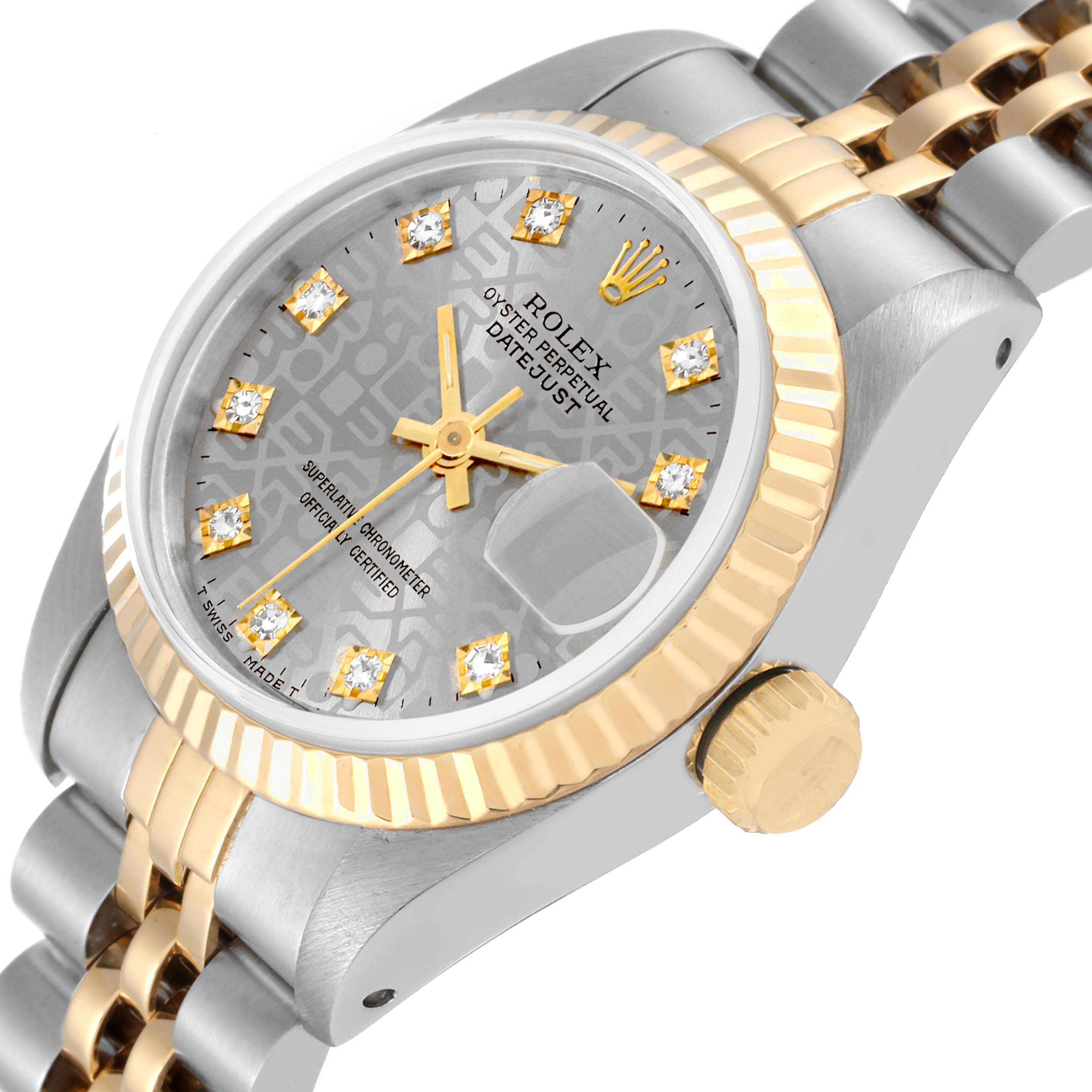 The image shows a Rolex Datejust 69173G Women's Steel and Gold (two tone) Silver Dial 69173G Women's Steel and Gold (two tone) Silver Dial watch at a tilted angle, highlighting the dial, crown, and part of the bracelet.